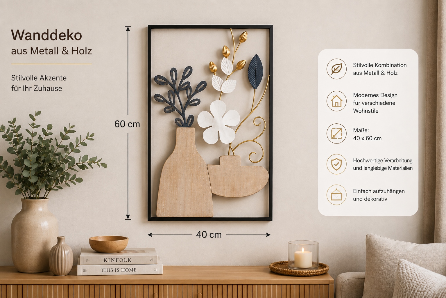OTTO home Wanddekoobjekt »Wanddeko, filigrane Blüten für jeden Wohnstil« Wohnaccessoire, Kombination aus Metall und Holz, 40x60cm