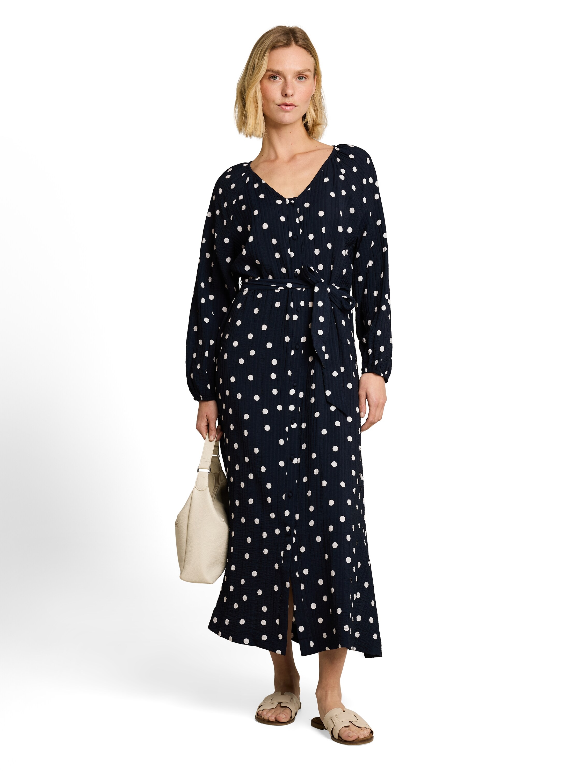 TOM TAILOR Midikleid Ohne Taschen Langarm Sommerkleid mit Punkten