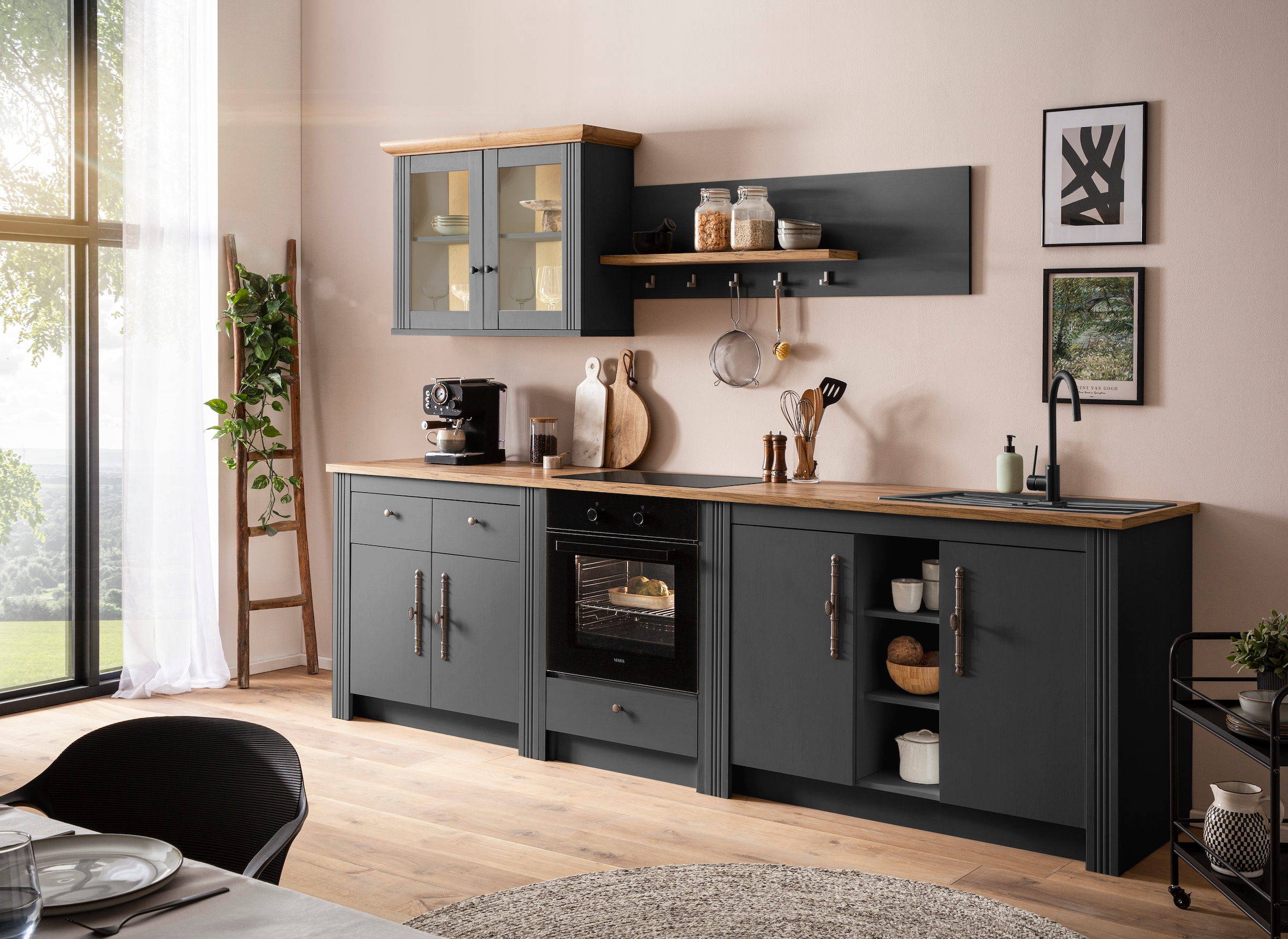 KOCHSTATION Küchenzeile »KS-Westminster, Pantryküche im Landhaus Stil, hochwertige Metallgriffe«, (Set), Breite 294 cm, Kommoden, Wandpaneel, Hängeschrank, Herdumbau
