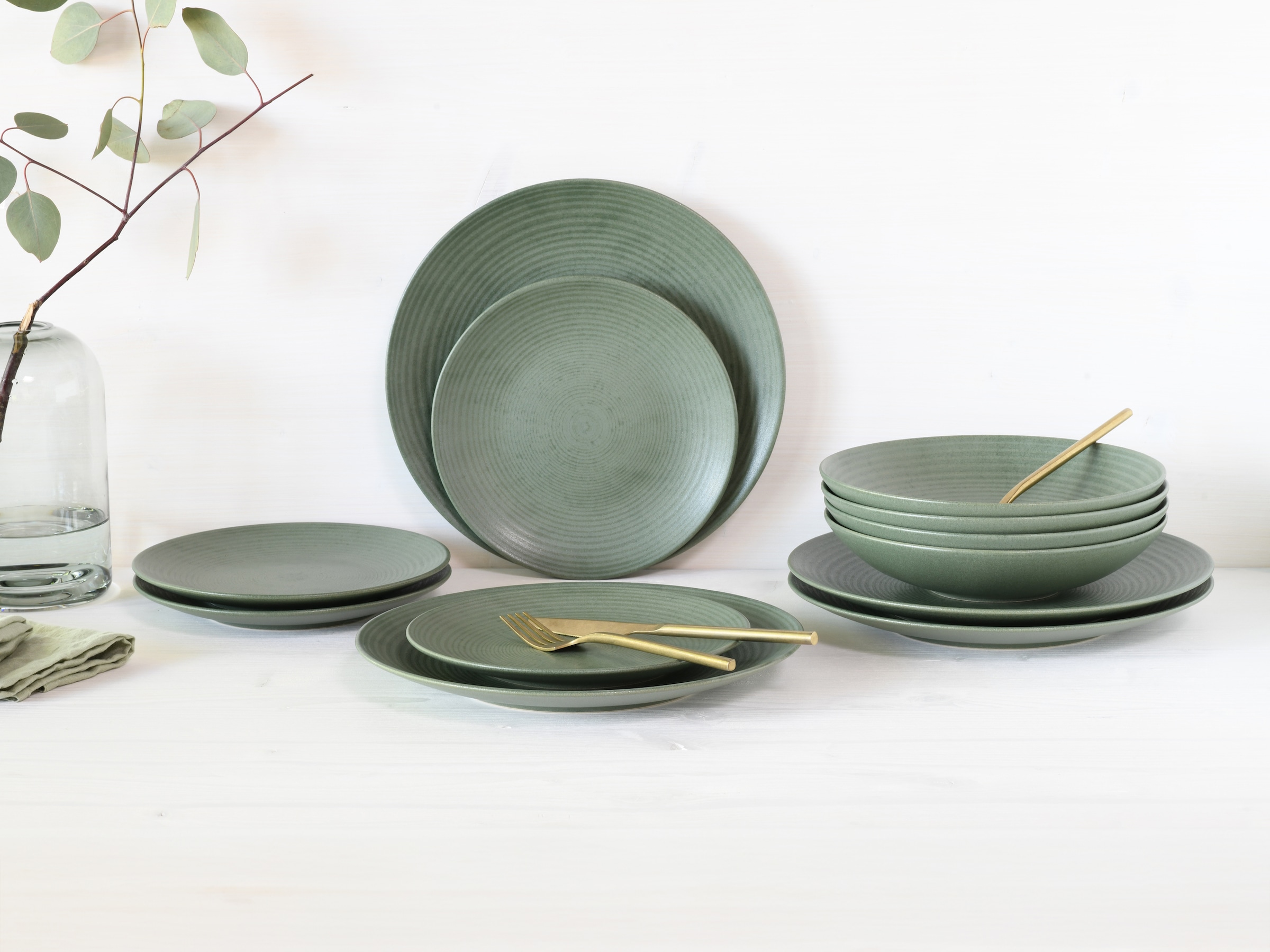 CreaTable Teller-Set »Catania, Tellerset 12-tlg.«, (Set, 12 tlg.), Vintage Farben, Ausdrucksstarkes Relief, Handwerklicher Charakter