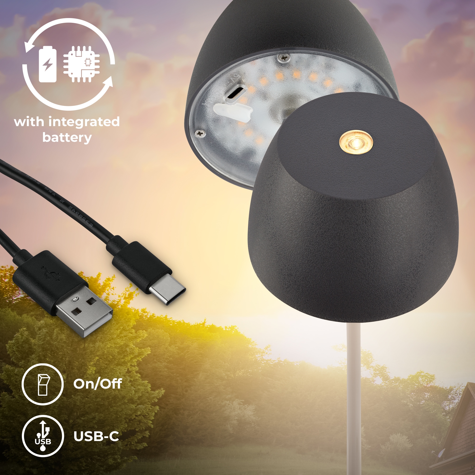 B.K.Licht Außen-Tischleuchte »BK_TL1606 Mini Akku LED Tischlampe, Touchdimmer, mit USB-C«, 1 flammig, Leuchtmittel LED-Modul | LED fest integriert, 2.700 K, 150Lm, 2,5W, Akku wechselbar, max. 24h Leuchtdauer, Anthrazit