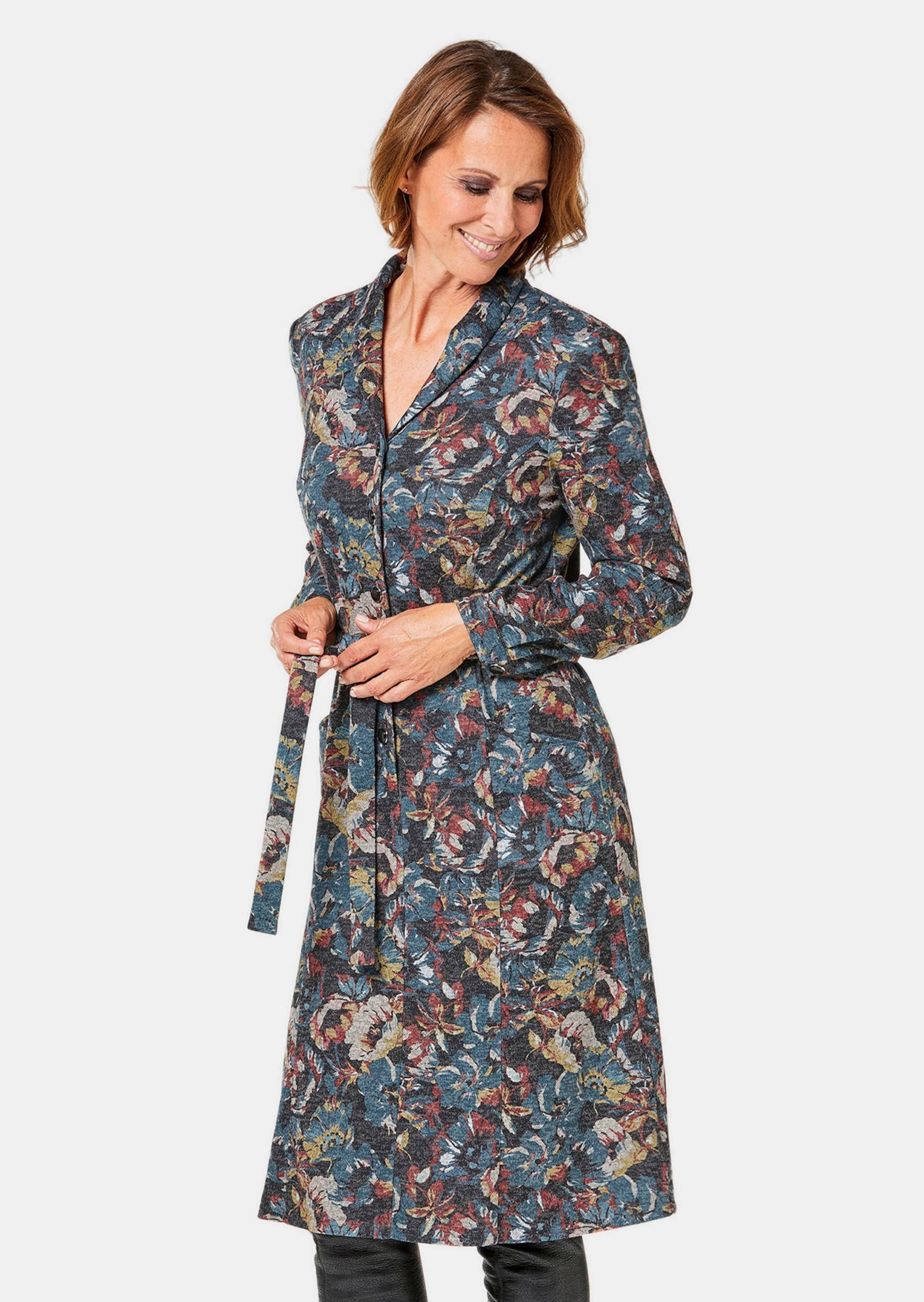 GOLDNER Midikleid "Hemdblusenkleid mit Bindegürtel" Floraler Blickfang-Druc günstig online kaufen