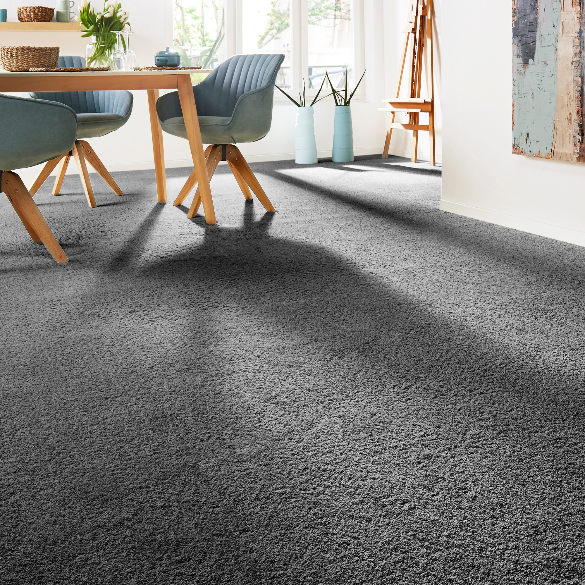 Teppichboden ANDIAMO "Verona, Velours, Gesamthöhe 6 mm, Made in Belgium", grau (anthrazit), B:500cm L:600cm, Kunstfaser, Teppiche, Uni Farben, Breite 400 cm oder 500 cm, strapazierfähig, pflegeleicht