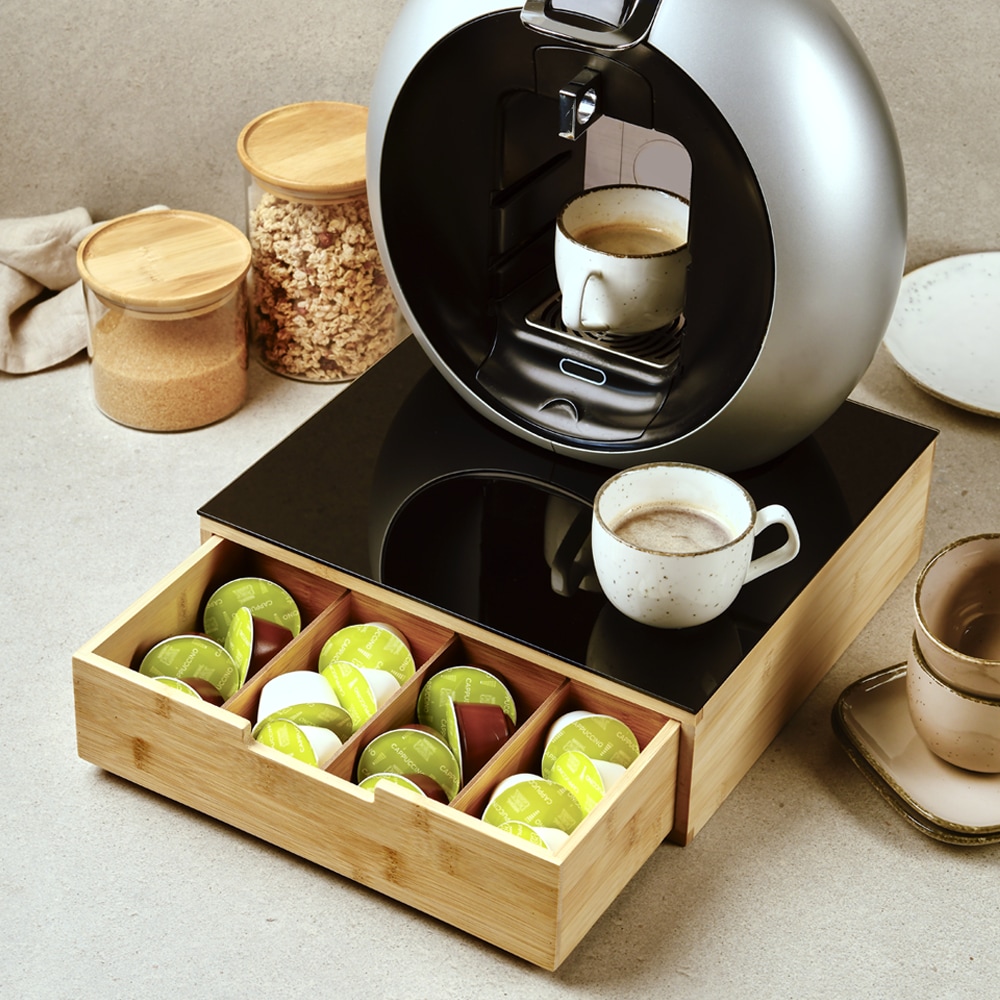 KESPER® Aufbewahrungsbox »Schublade für Kaffee-Kapseln oder Tee, Bambus, FSC«, (1 St.), mit Abstellfläche aus hitzebeständigem ESG-Sicherheitsglas