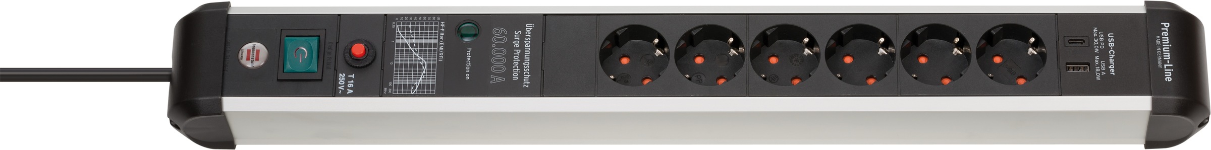 Brennenstuhl Steckdosenleiste "Premium-Pect-Line", 6-fach, (Kabellänge 3 m), USB Power-Delivery Typ C, 1x USB-A, Überspa