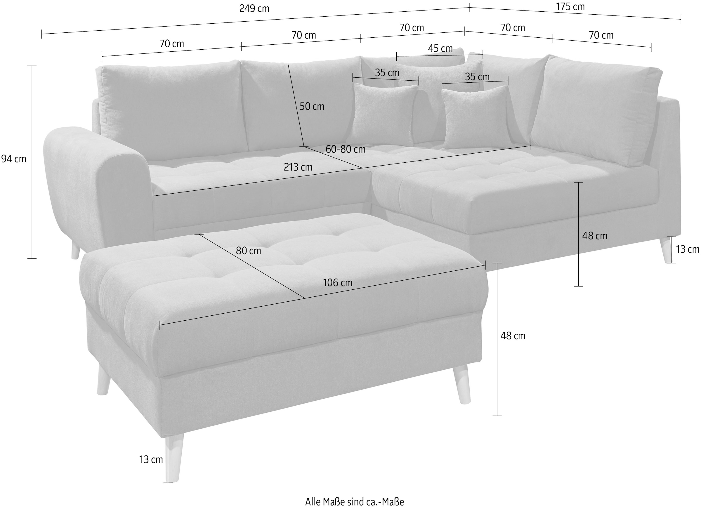 ED EXCITING DESIGN Ecksofa »Alice L-Form«, (Set), mit Hocker, Rückenkissen, Zierkissen, frei im Raum stellbar