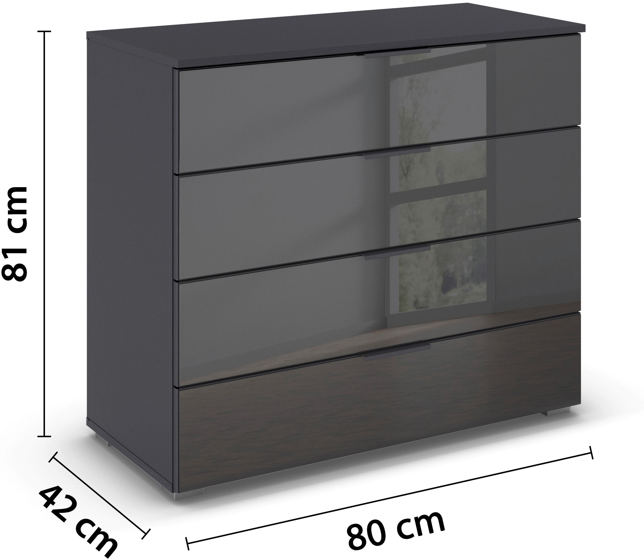 rauch Schubkastenkommode »Sideboard Schubladenkommode Schubladenkommode AGORDO mit Glasfront«, (in zwei Griff-Farben, Breite 80 cm), vier große und geräumige Schubladen mit viel Stauraum MADE IN GERMANY