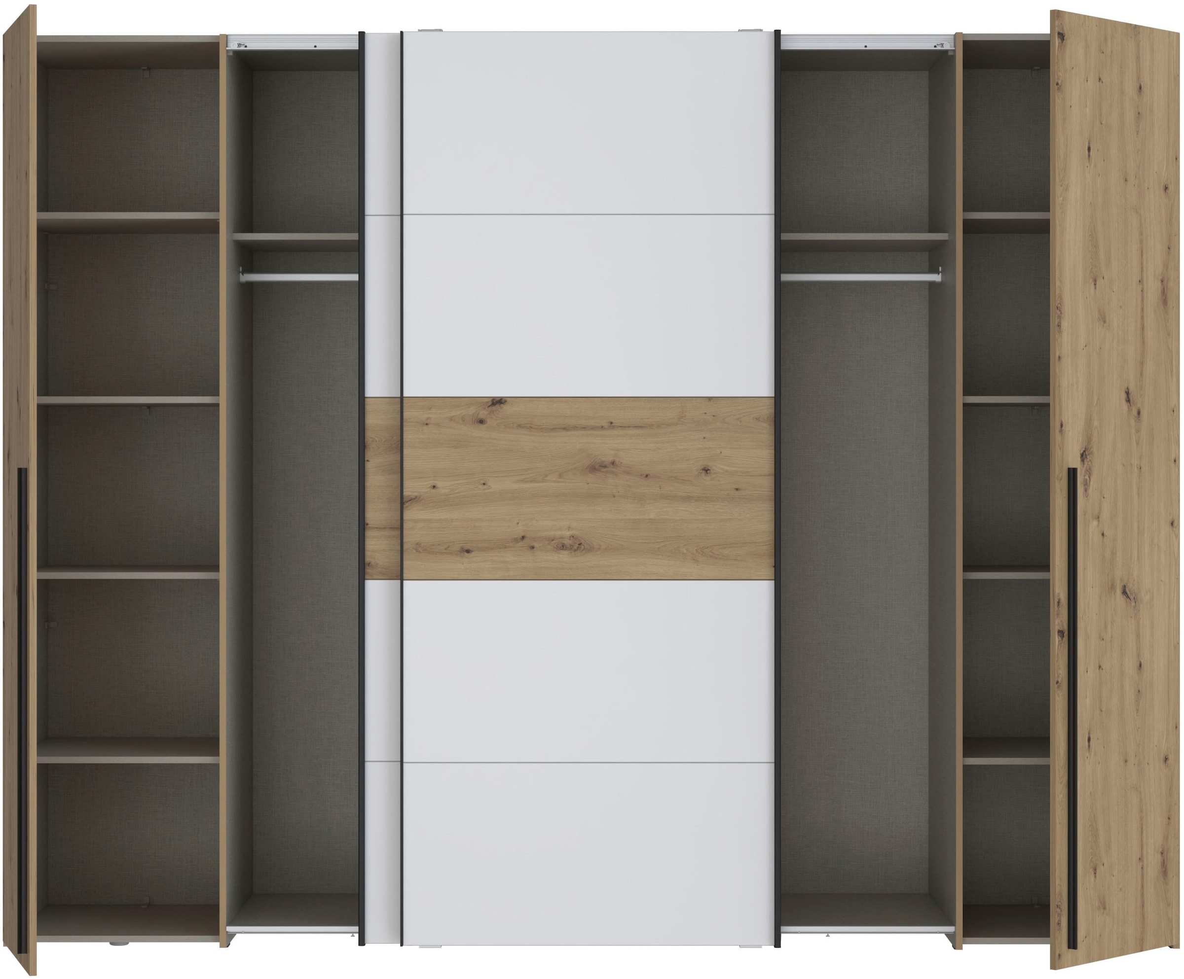 FORTE Dreh-/Schwebetürenschrank »Narago, TOPSELLER, Made in Europe, zeitloses Design«, (B/H/T ca. 270x210X61cm, Farbe Weiß auch mit Spiegeln erhältlich), viele Einlegeböden teilweise variabel einsetzbar, maximaler Stauraum