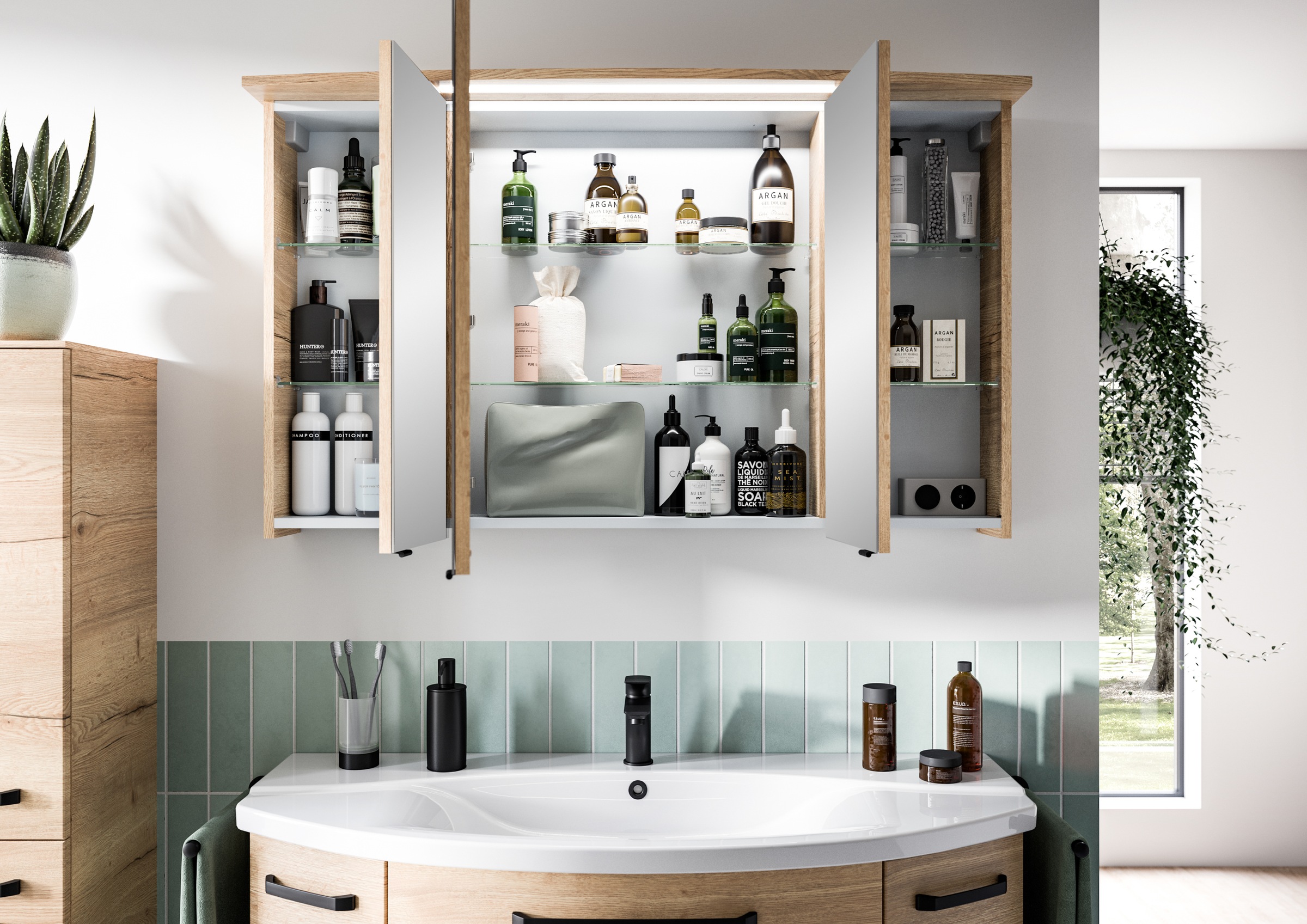 Saphir Badezimmerspiegelschrank »Serie 4010 Badezimmer-Spiegelschrank inkl. LED-Beleuchtung im Kranz«, Badschrank 122 cm breit, 3 Türen, 6 Glas-Einlegeböden, inkl Türdämpfer