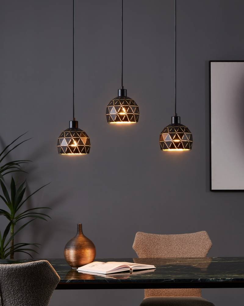 EGLO Hängeleuchte »ROCCAFORTE Pendellampe, Stahl, E27, IP20, Esszimmerlampe, Hängelampe«, 3 flammig, Leuchtmittel E14 | ohne Leuchtmittel, Hängeleuchte - L75 x B17 x H110 cm - schwarz, gold - 3X40W exkl.