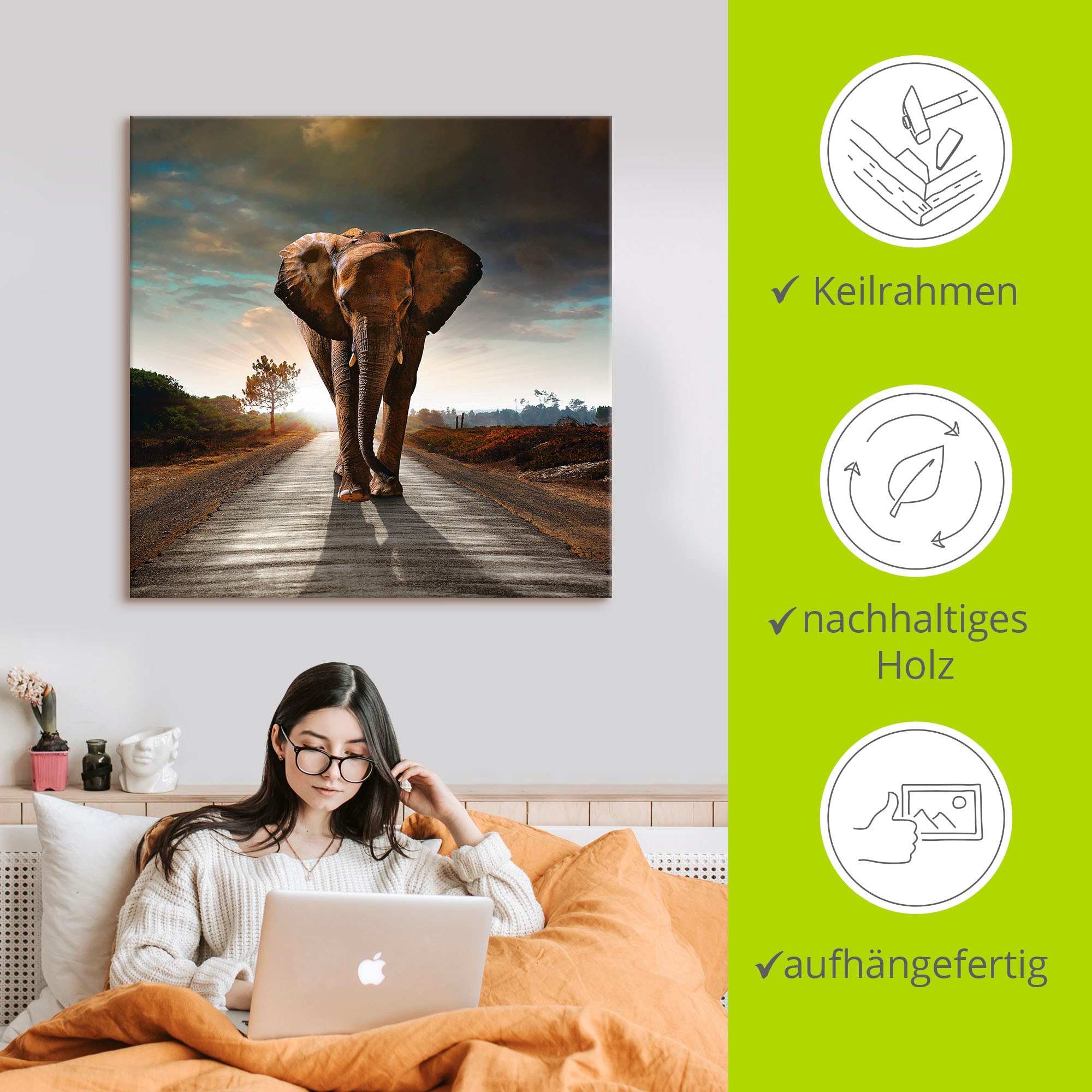 Artland "Ein Elefant läuft auf der Straße" Wildtiere 1 Stk. tlg. auf Holzra günstig online kaufen