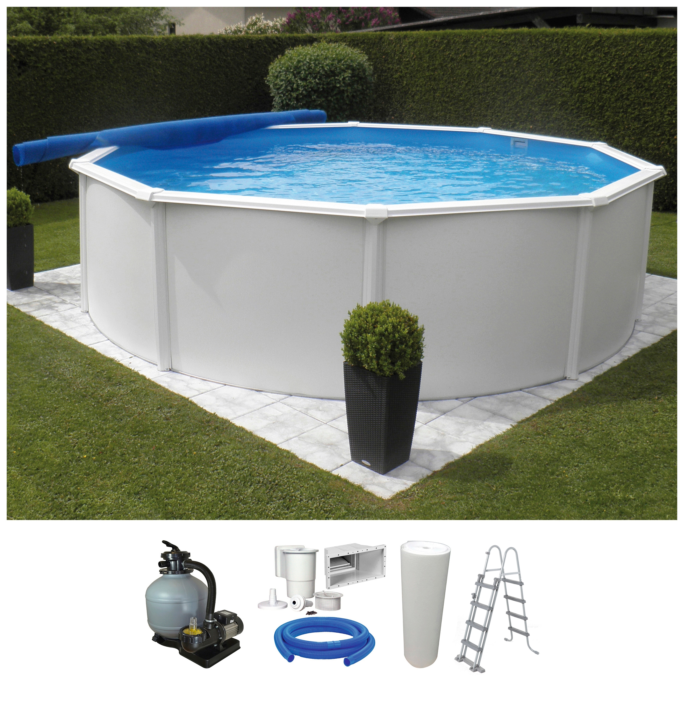 KWAD Rundpool "Supreme weiß inkl. Sicherheitsleiter und Zubehör" 5-tlg., Höhe: 132 cm, blaue Innenfolie
