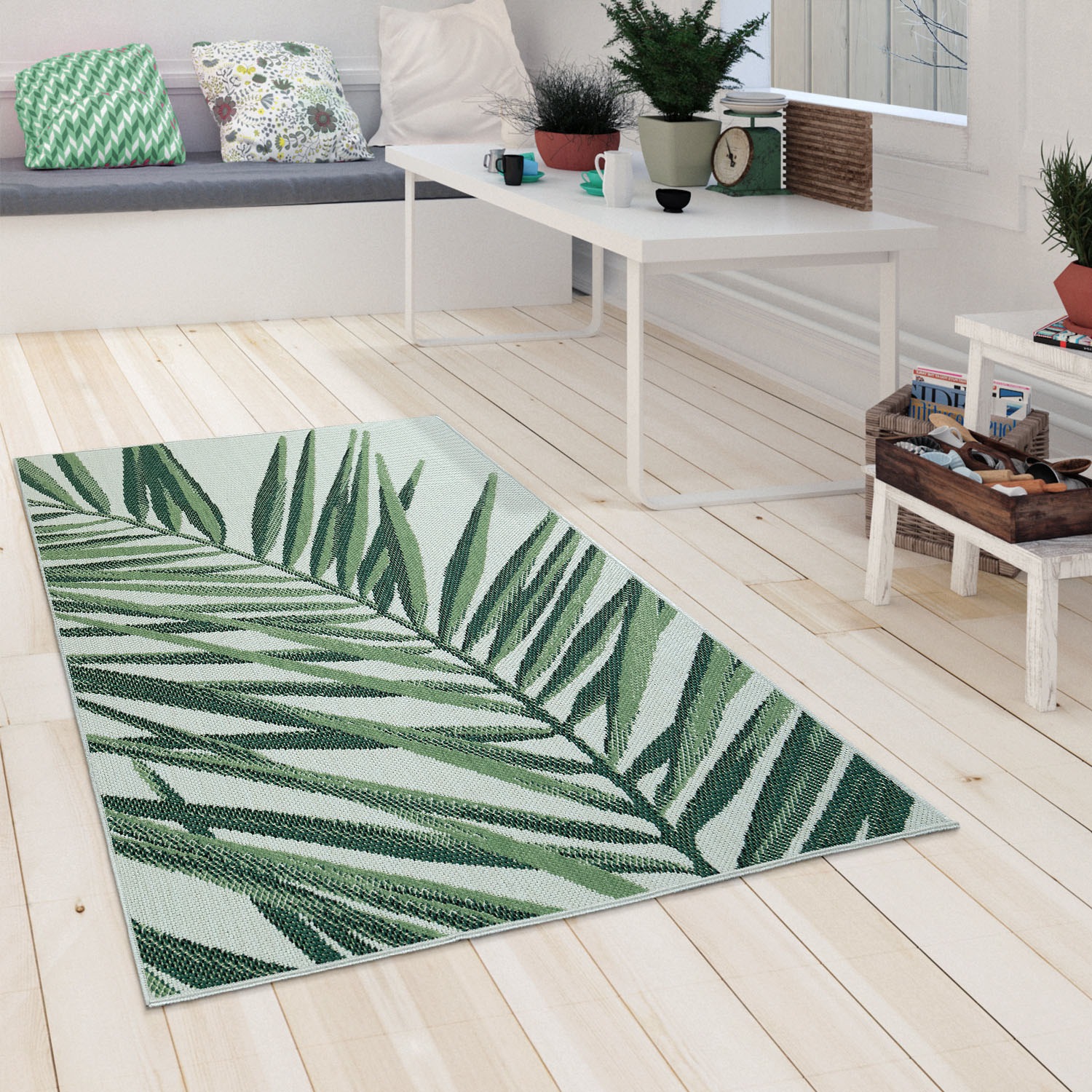 Paco Home Teppich »Ostende 537«, rund, Flachgewebe, Motiv Palmenblätter, In- und Outdoor geeignet, Wohnzimmer