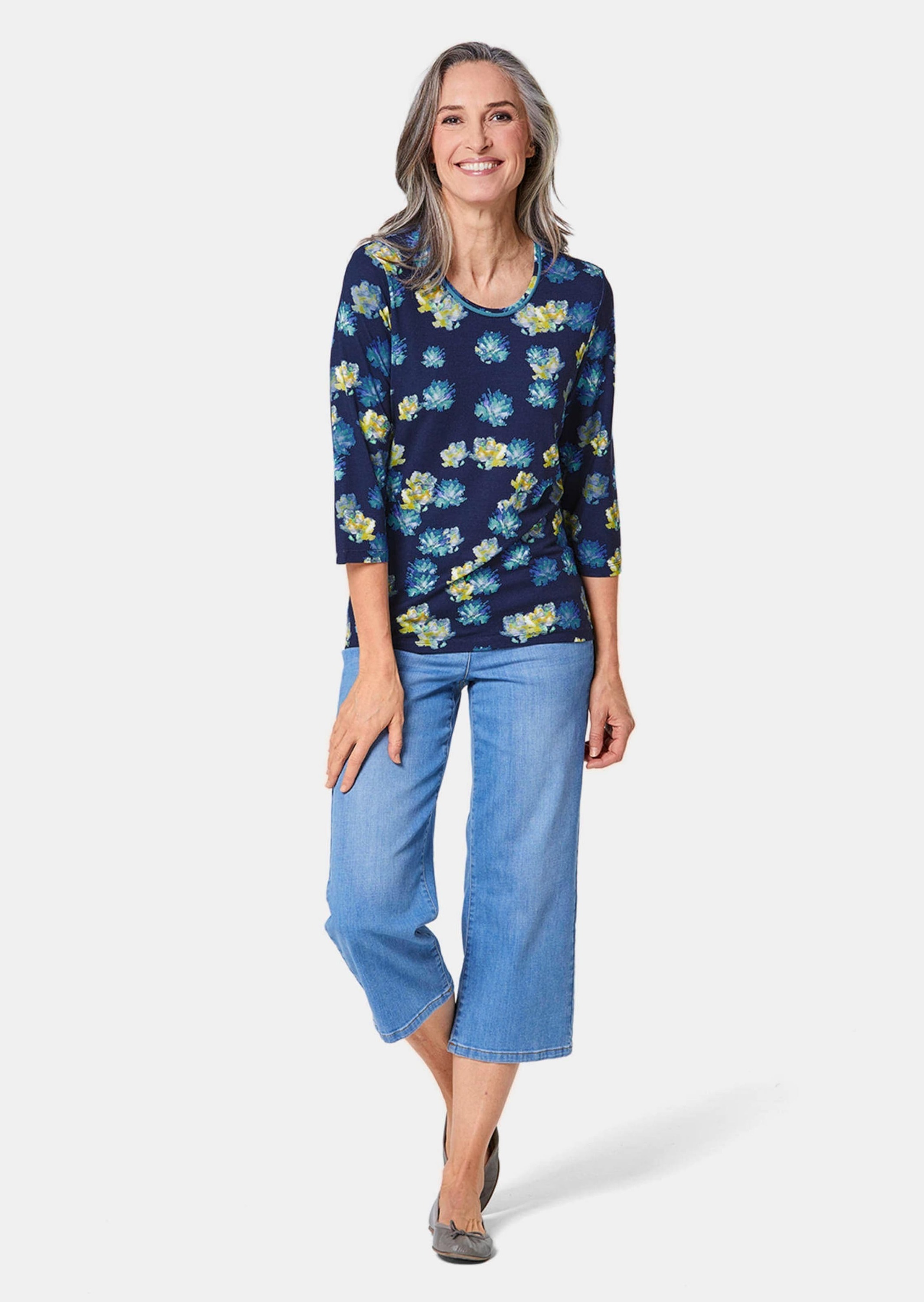 GOLDNER Print-Shirt »Druckshirt mit Allover-Muster« Kontrastpaspel am Ausschnitt