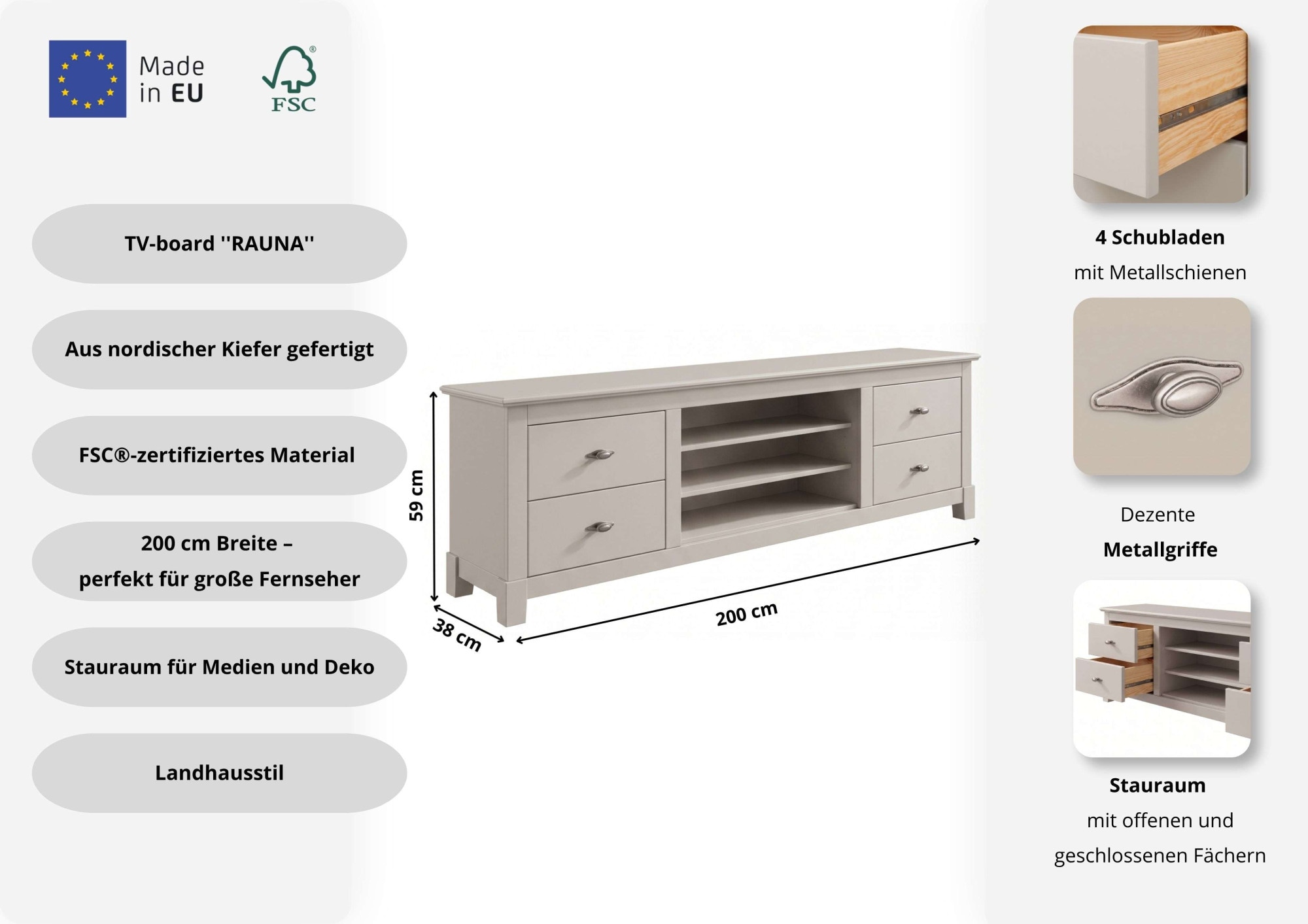 OTTO home Lowboard »Rauna, TV-Bank, TV-Kommode, Landhausstil« Breite 200 cm, FSC®-zertifiziertes Massivholz, Kiefer