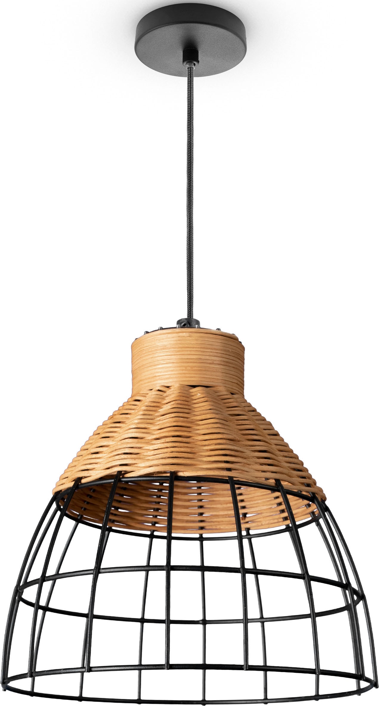 "PACO HOME Pendelleuchte ""PUCU"", schwarz (holzfarben), Ø 22cm, Leuchten, Korb Lampe LED Hängeleuchte Rattan Esszimmerlampe Boho E27 Vintage