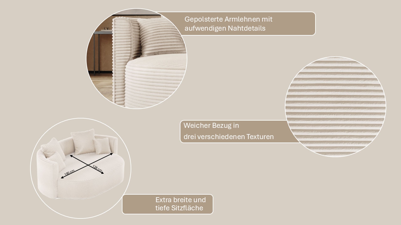 LeGer Home by Lena Gercke 2,5-Sitzer »ISALIE, rundes Loungesofa, mit Kissen, perfekt gepolstert«, moderne Stoffe, mit 4 Zierkissen, extra große Sitzfläche