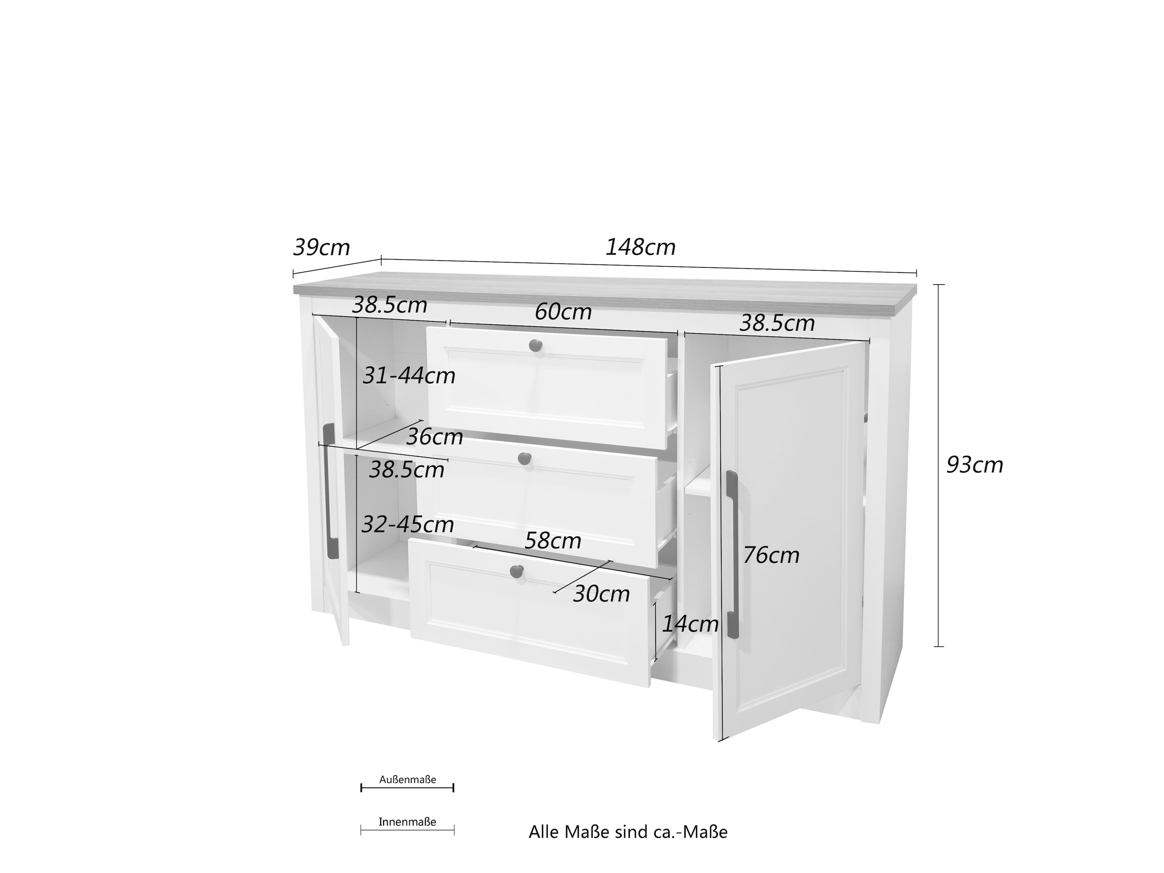 OTTO home Sideboard »Ismund«, aus MDF, mit Holz-Zierleiste, schwarzen Metallgriffen, Höhe 93 cm
