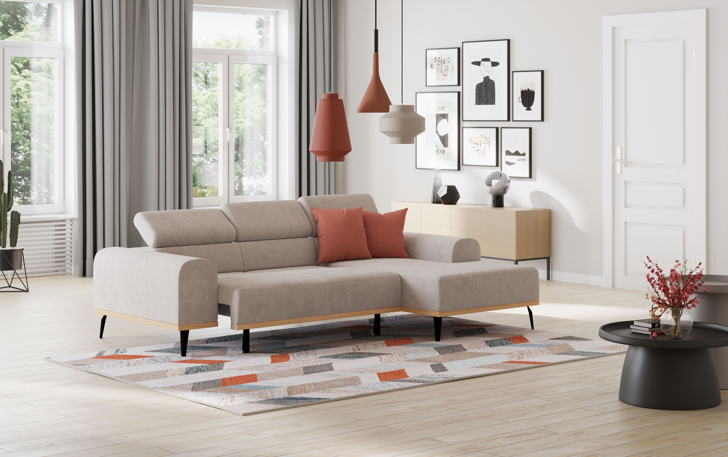 Places of Style Ecksofa »Carlo L-Form«, mit Kopfteilverstellung & Holz-Rahmenoptik, optional Relaxfunktion
