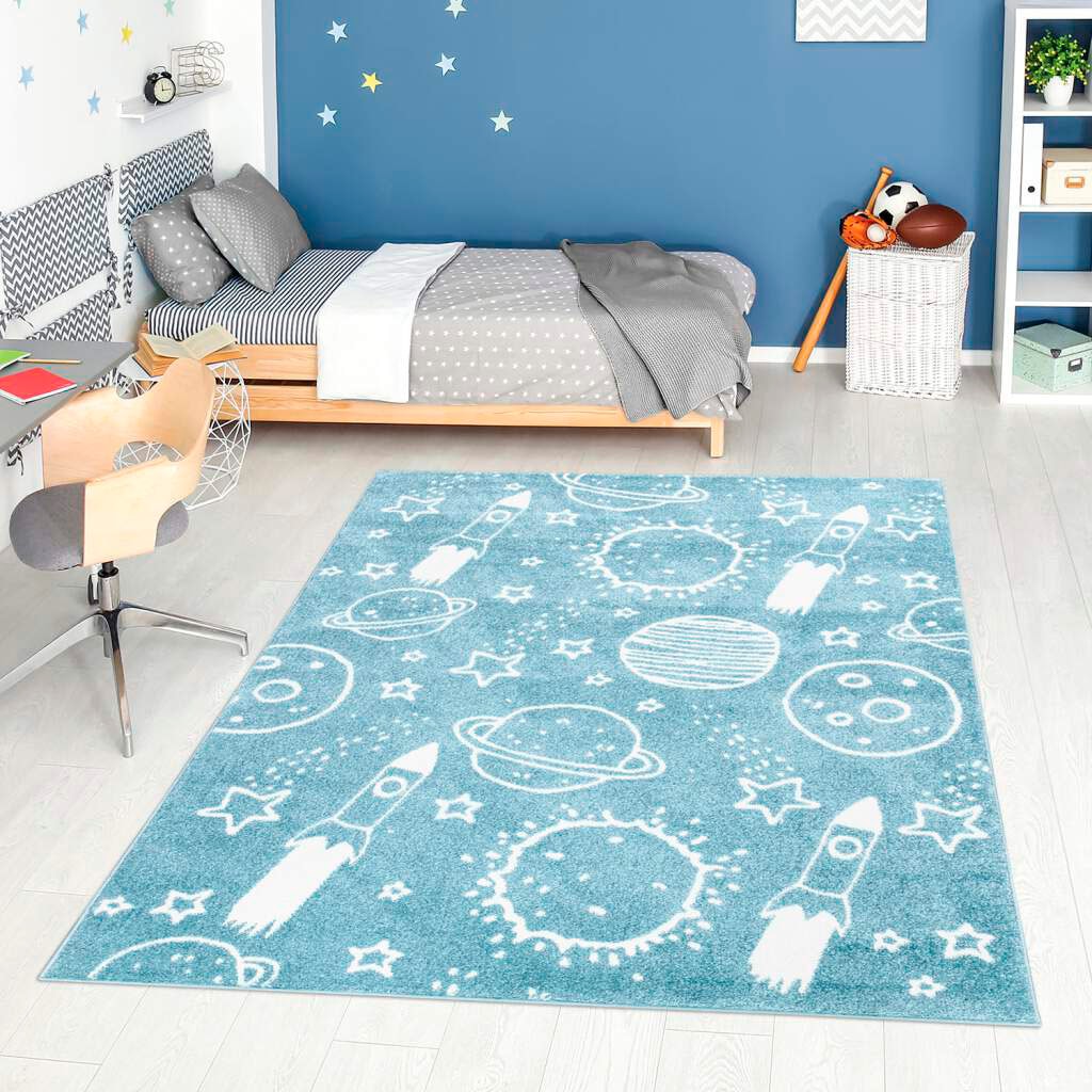 Carpet City Kinderteppich "ANIME912", rechteckig, 11 mm Höhe, Kinderzimmer Teppich Modern mit Mond, Blumen, Wolken, Crem