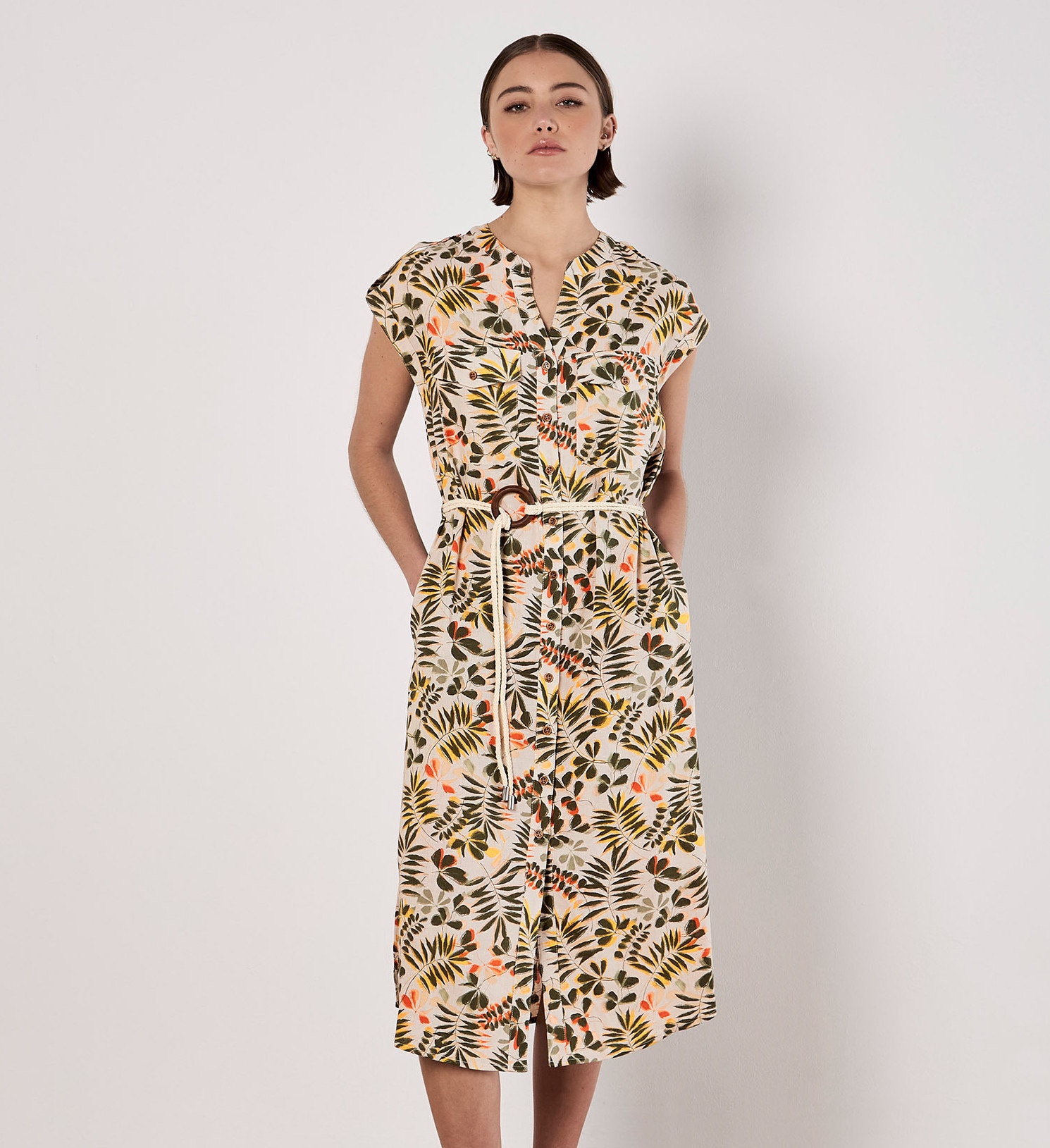 Apricot Midikleid "Midi-Hemdkleid mit Blätterdruck" 2 tlg. mit Gürtel