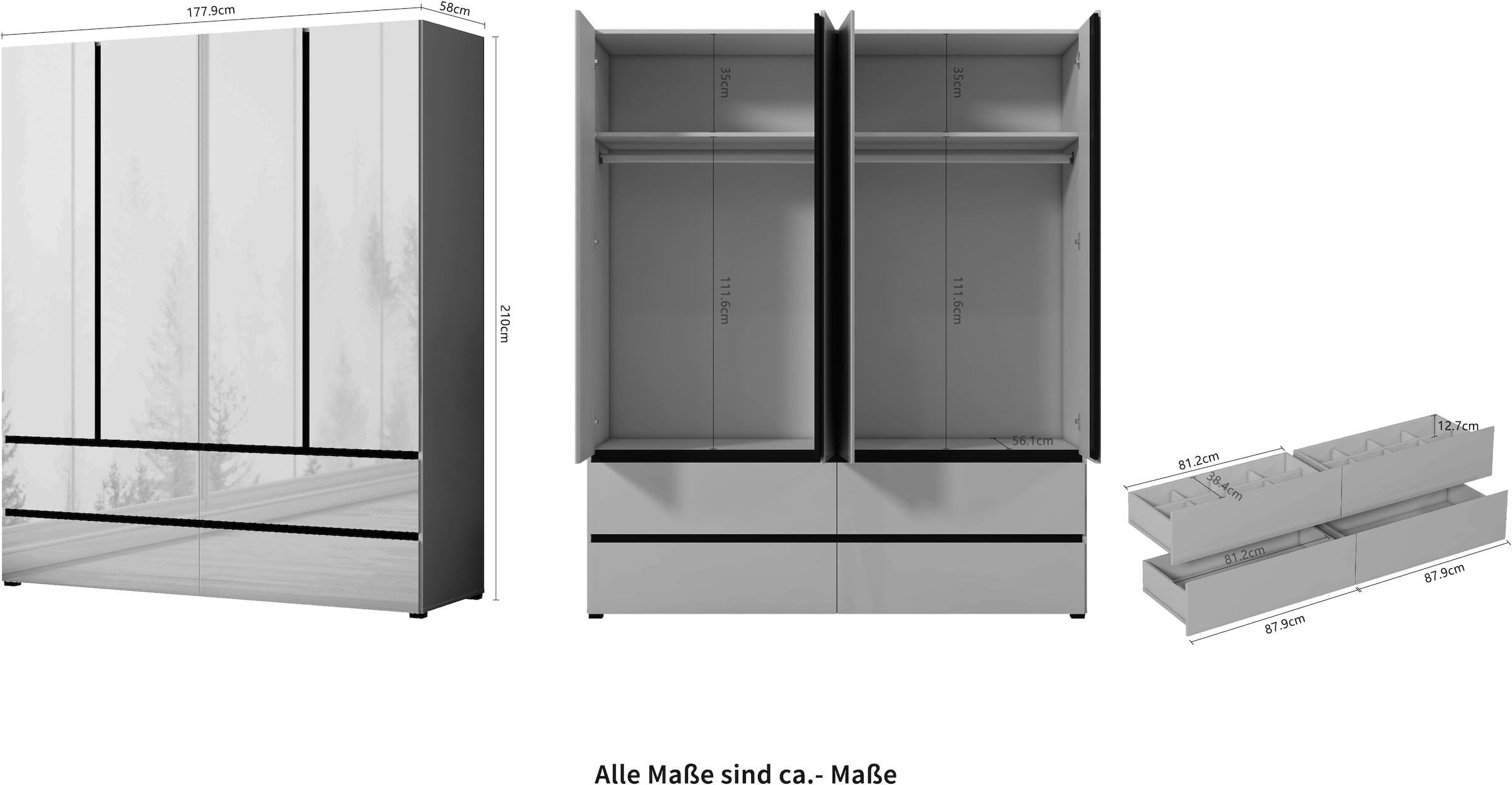 OTTO home Kleiderschrank »Kollin Schlafzimmerschrank mit 4 Türen und 4 Schubladen  Garderobe« Drehtürenschrank mit perfekter Innenausstattung, hochglanz Fronten