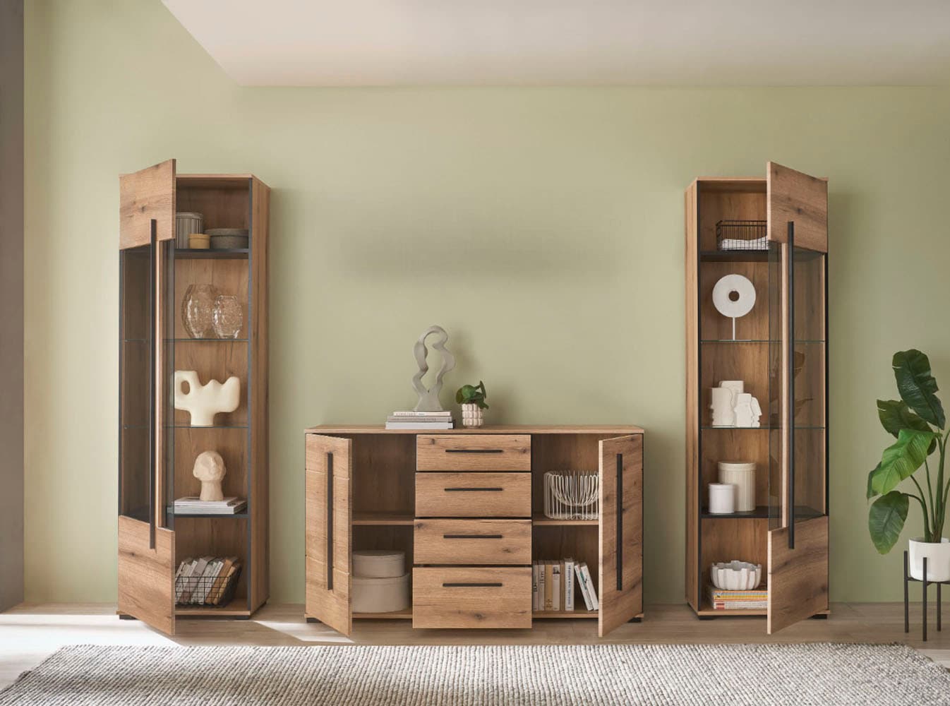 INOSIGN Wohnwand »Cantara, moderne Anbauwand, Wohnzimmer-Set, in Eiche Evoke oder Weiß«, (Set), enthält zwei Vitrinen und ein Sideboard
