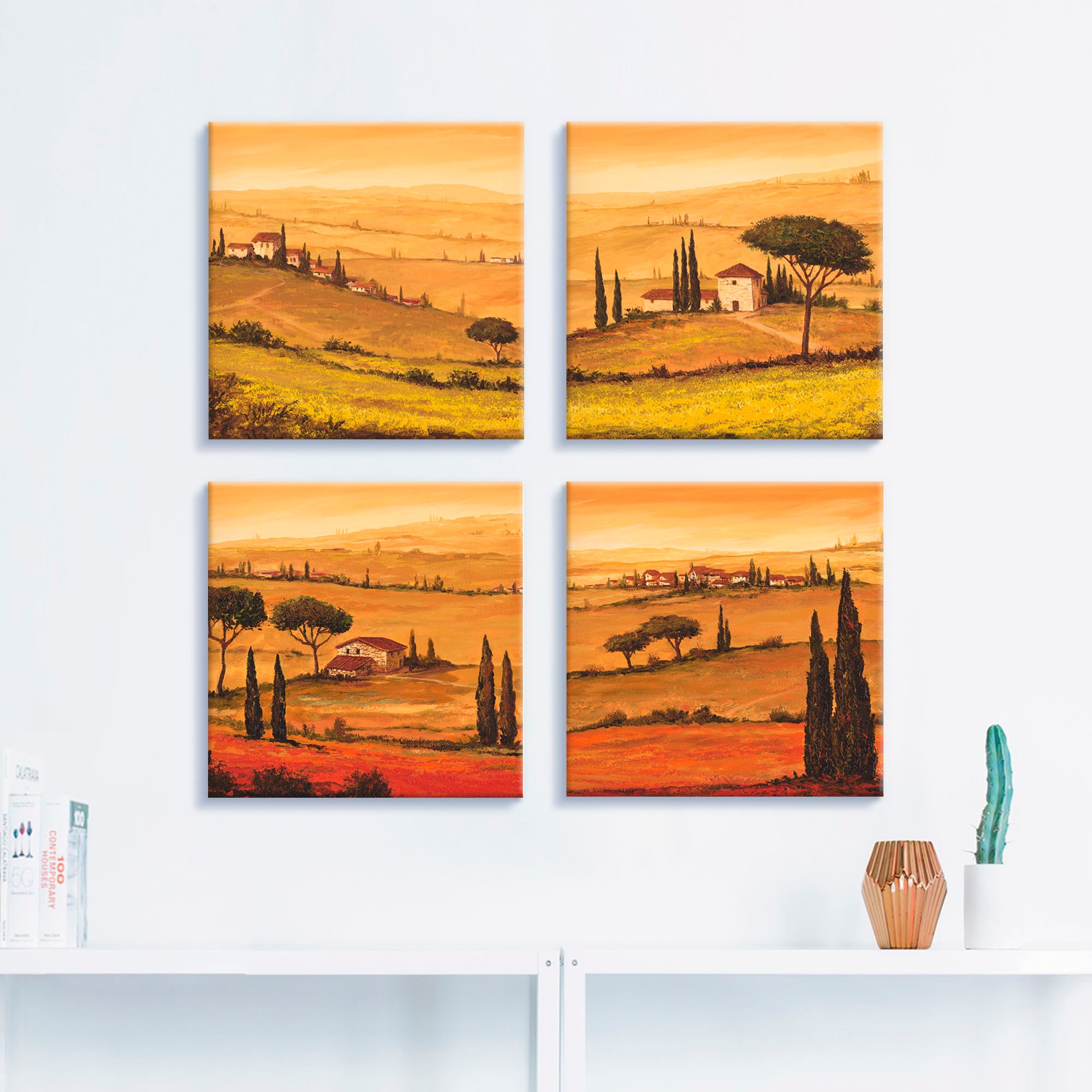 Artland Leinwandbild »Rapsfeld und Mohnfeld Toskanalandschaft«, Europa, (4 St.), 4er Set, verschiedene Größen