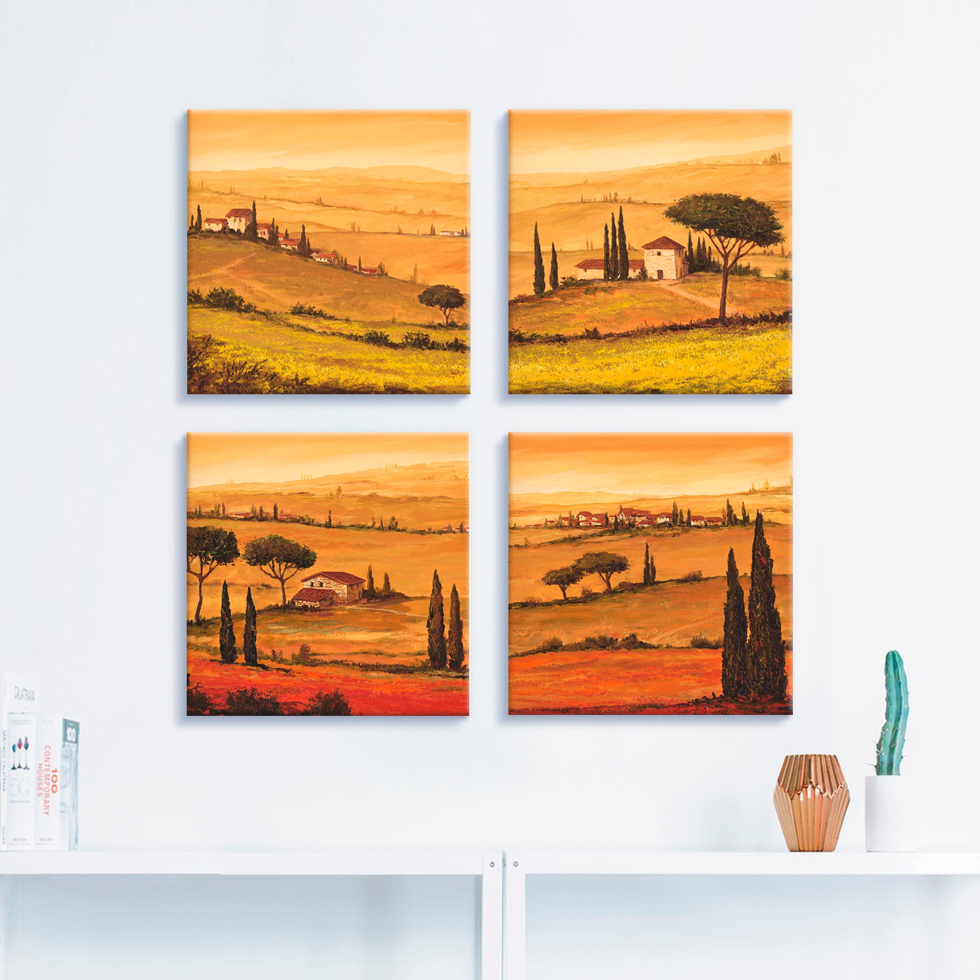 Artland Leinwandbild "Rapsfeld und Mohnfeld Toskanalandschaft" Europa 4 Stk günstig online kaufen