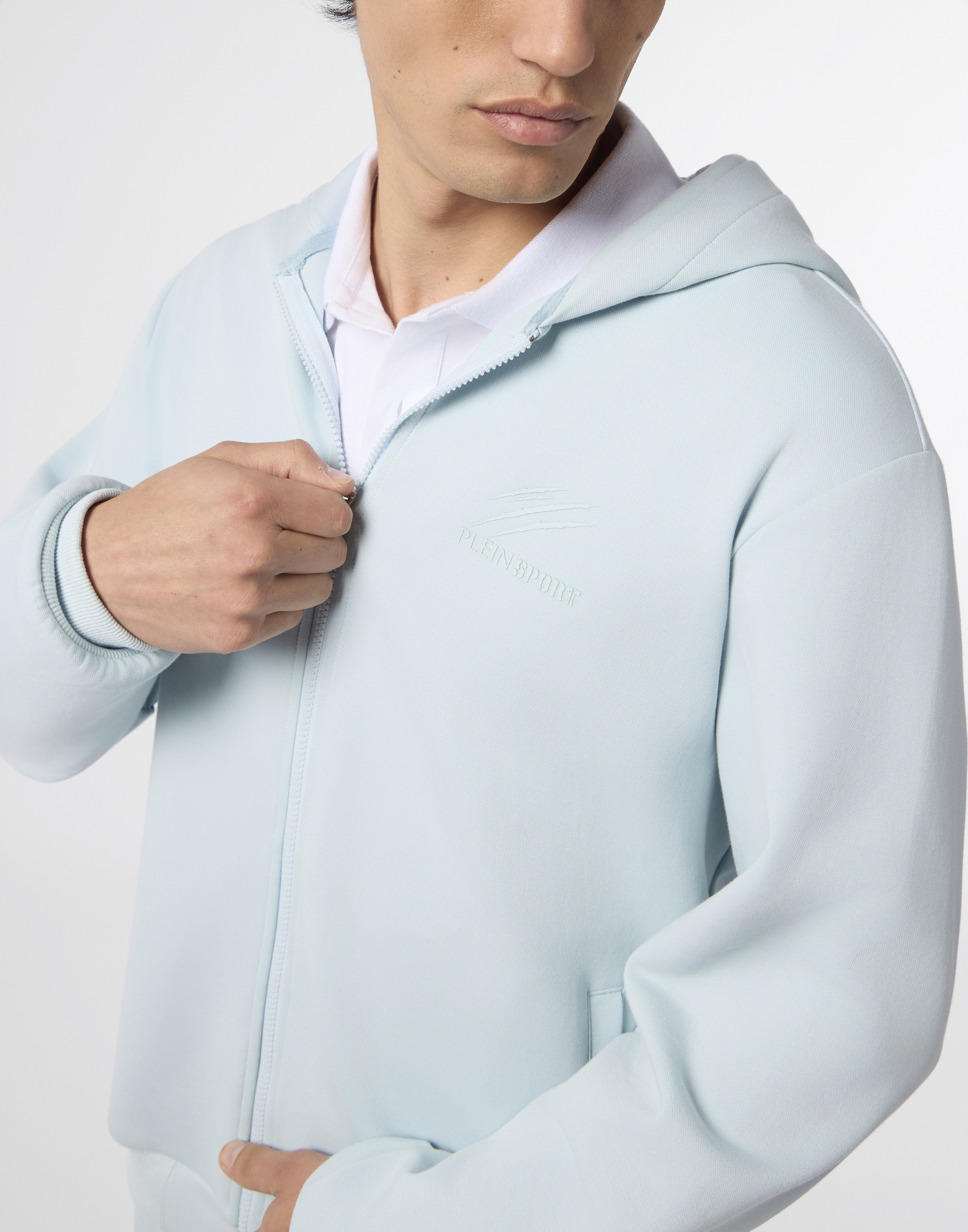 Kapuzensweatjacke PLEIN SPORT "Pique Zip Hoodie Icon", Herren, Gr. S, 07, lightblau, Obermaterial: 59% Baumwolle, 35% Polyester, 6% Elasthan, Sweatjacken 2