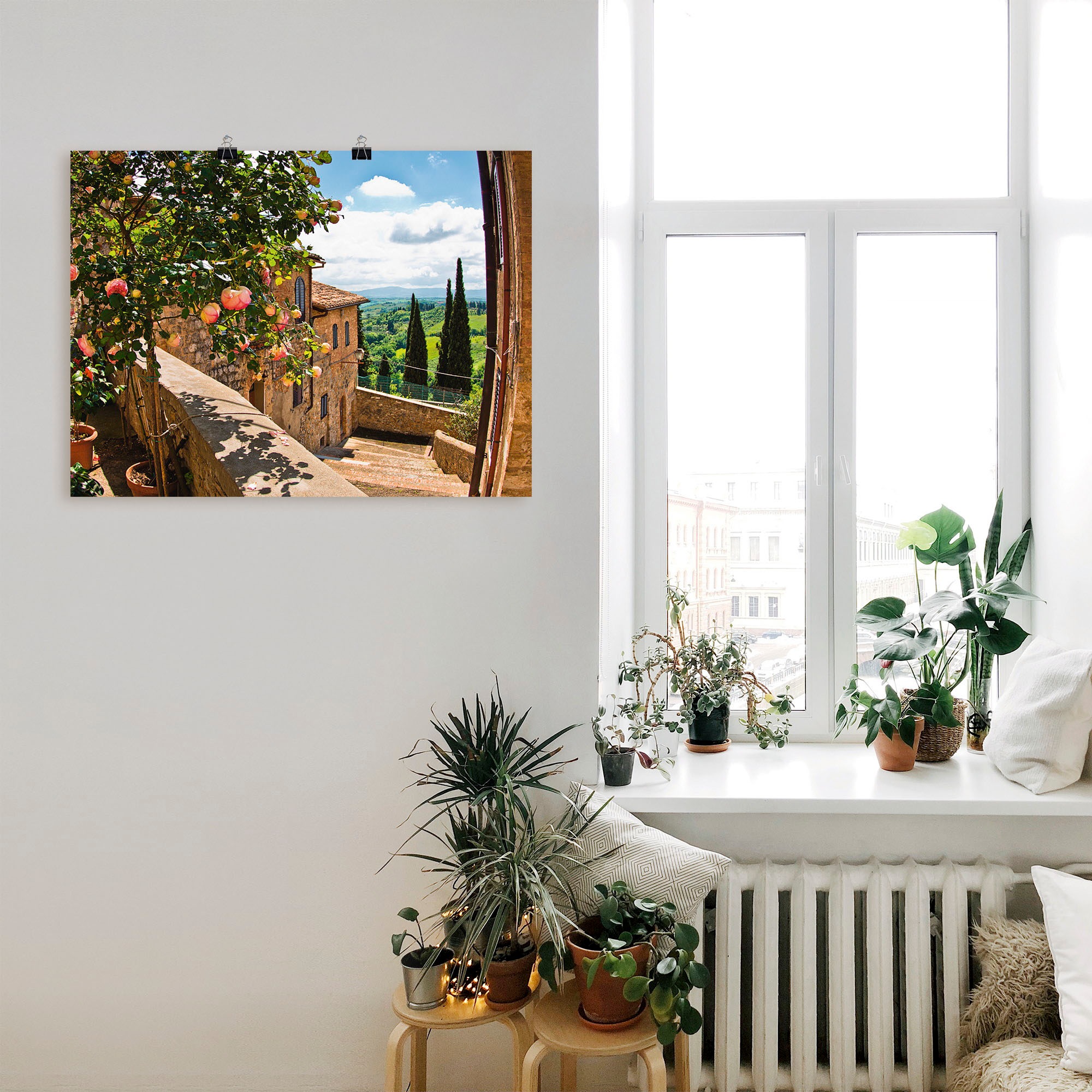 Artland Wandbild »Rosen auf Balkon Toskanalandschaft«, Garten, (1 St.), als Alubild, Outdoorbild, Leinwandbild, Poster, Wandaufkleber