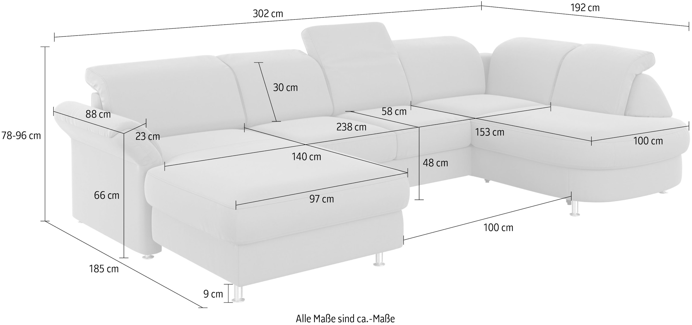 sit&more Wohnlandschaft »Apulia U-Form«, wahlweise Bettfunktion, Bettkasten und Kopf- und Armteilverstellung