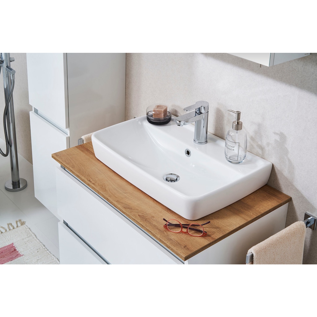 Saphir Waschtisch »Quickset 360 Waschplatz mit Keramik-Aufsatzbecken, wandhängend«, Waschtischplatte, 78 cm breit, Weiß Glanz, 2 Schubladen
