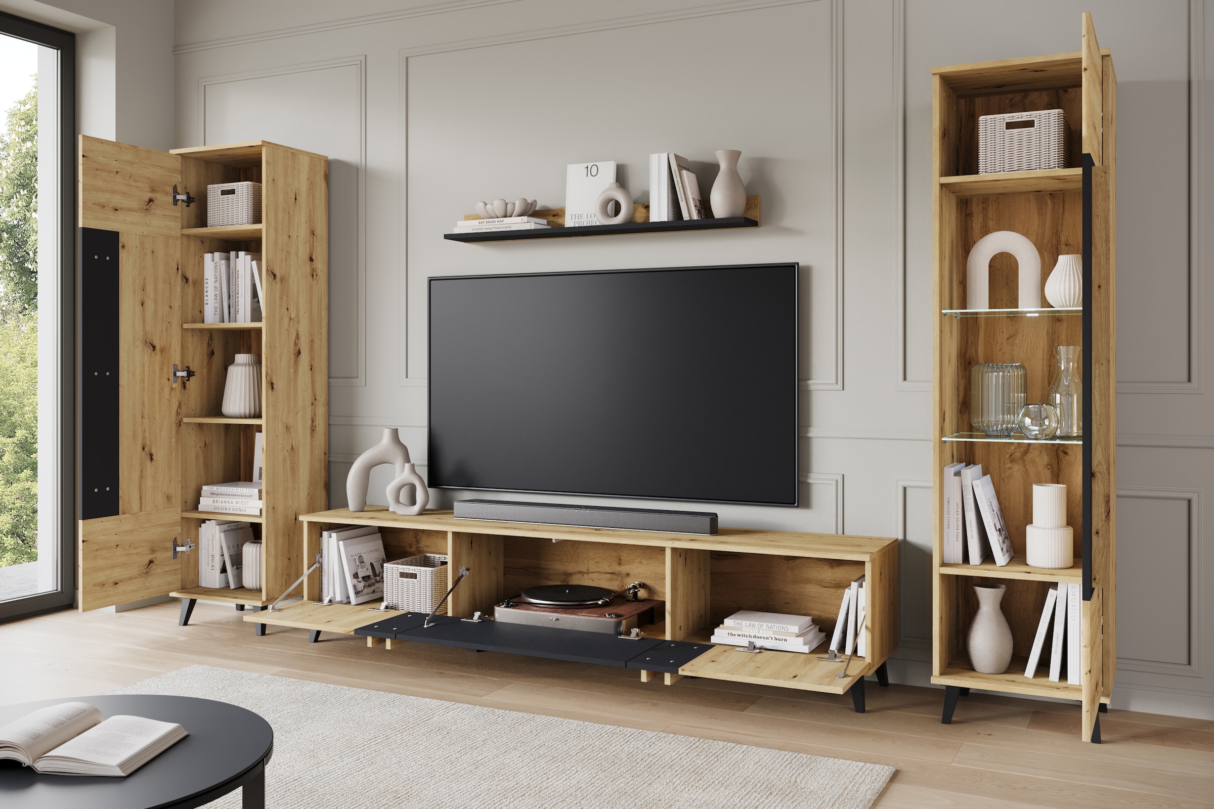 INOSIGN Wohnwand »Helsinki, Modernes Set mit verglaster Vitrine«, (Komplett-Set, 4 St.), mit lamellengriffen, verstellbaren Einlegeböden und Kunststofffüßen