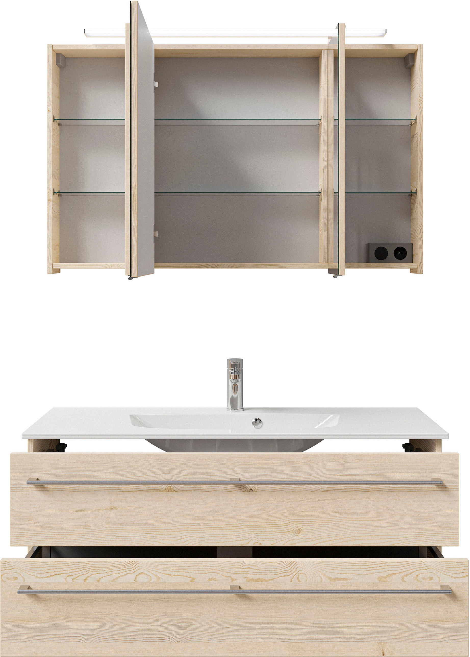 Saphir Badmöbel-Set »Serie 6025 2-teilig Mineralmarmor-Waschtisch mit LED-Spiegelschrank«, (2 St.), Waschplatz 117cm breit, 2 Schubladen, 3 Spiegel-Türen, inkl Türdämpfer
