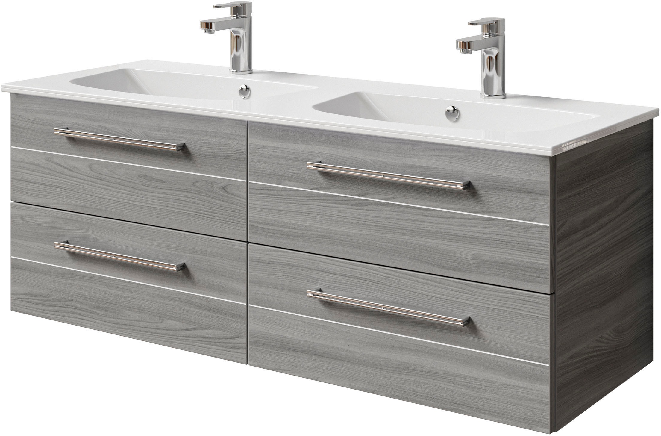 Saphir Badmöbel-Set »Serie 6025 2-teilig Mineralmarmor-Waschtisch mit LED-Spiegelschrank«, (2 St.), Waschplatz 132cm breit, 4 Schubladen, 2 Spiegel-Türen, inkl Türdämpfer