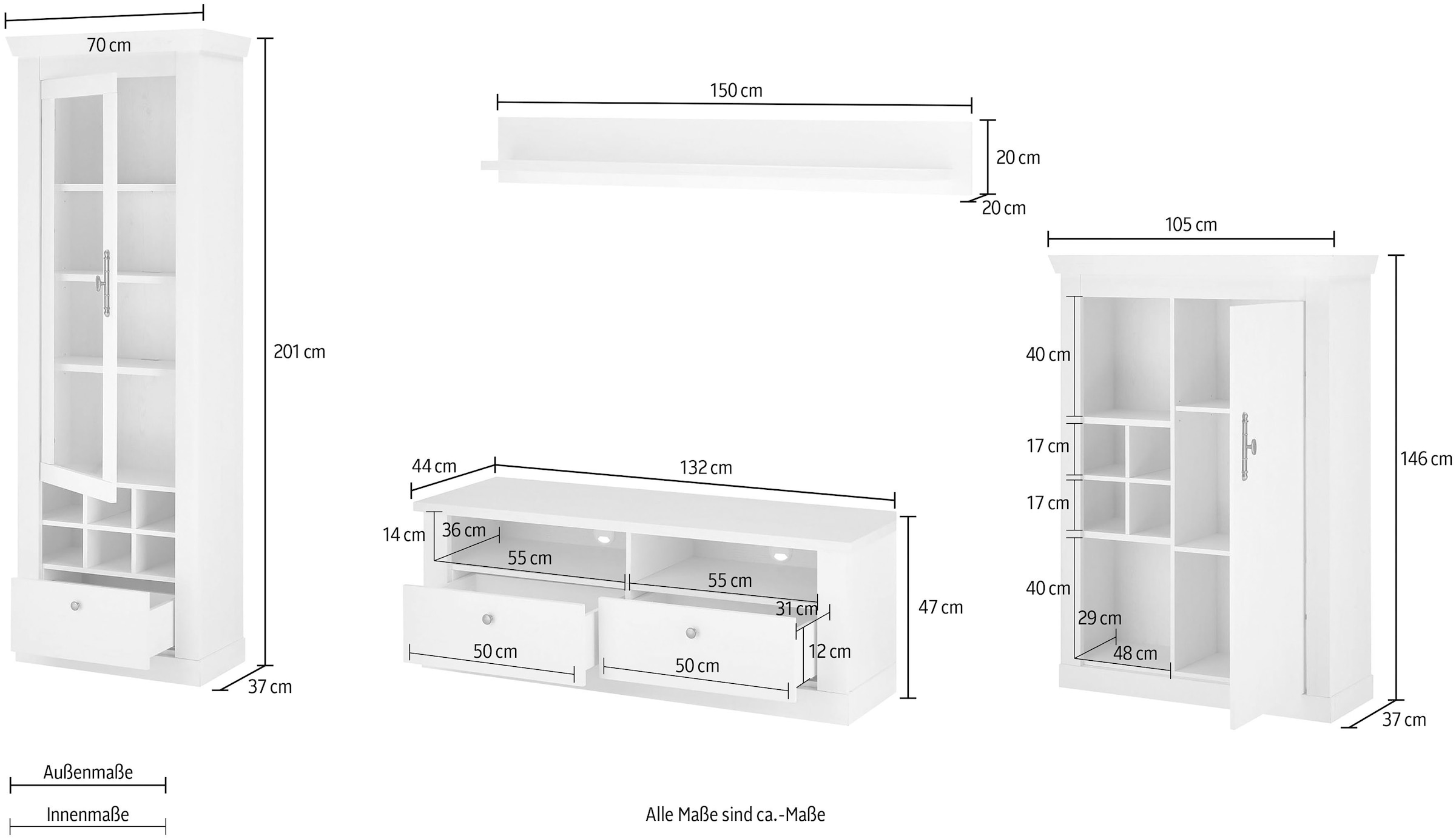 Home affaire Wohnwand »RAVENNA«, (4 St.), im romantischen Landhausstil, Griffe aus Metall, Softclose-Funktion