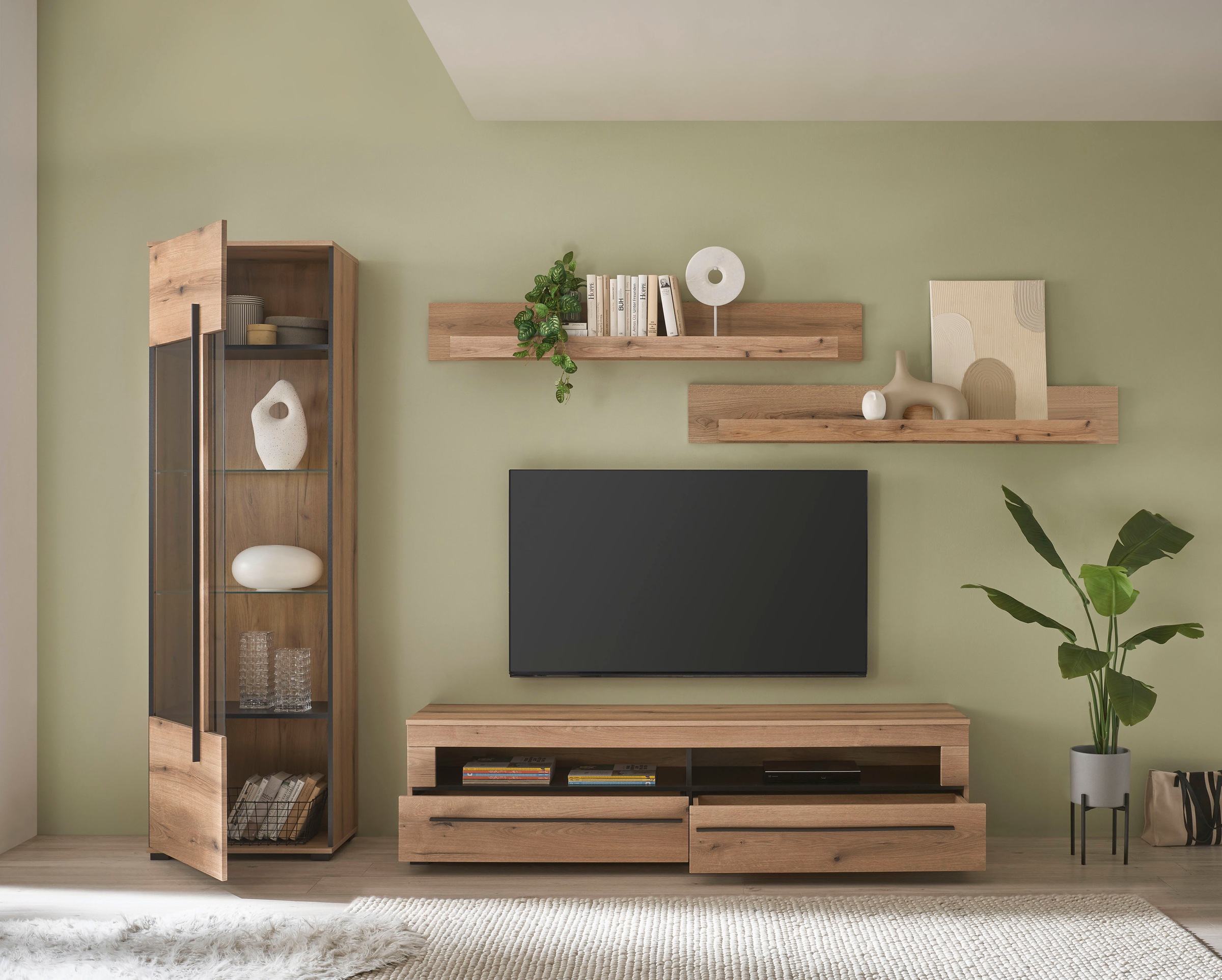 INOSIGN Wohnwand »Cantara, moderne Anbauwand, Wohnzimmer-Set, in Eiche Evoke oder Weiß«, (Set), enthält eine Vitrine, ein Lowboard und zwei Wandboards