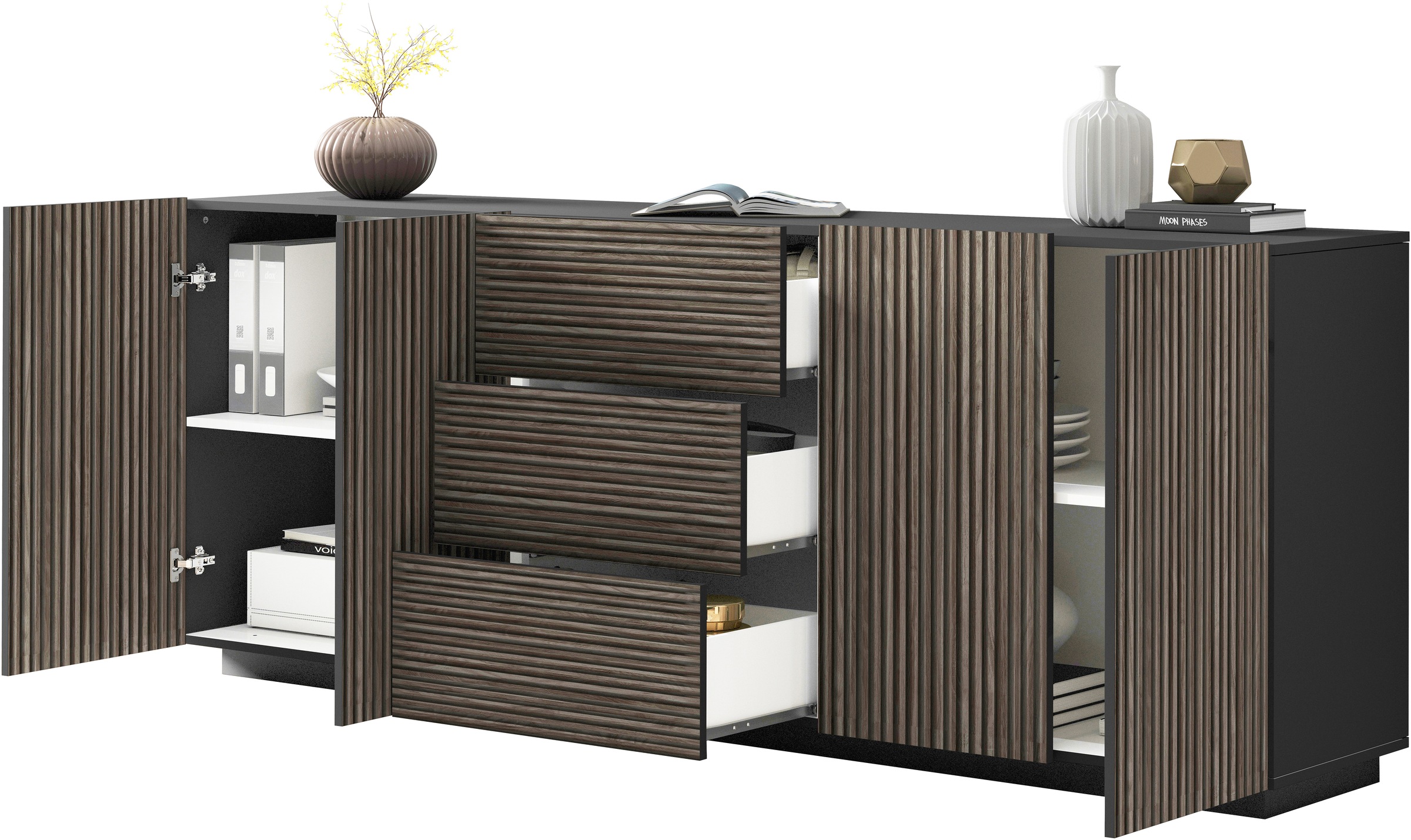 INOSIGN Sideboard »Vega Sideboard,Kommode,220 cm«, mit 4 Türen und 3 Schubladen,Fronten mit Rillen-Optik