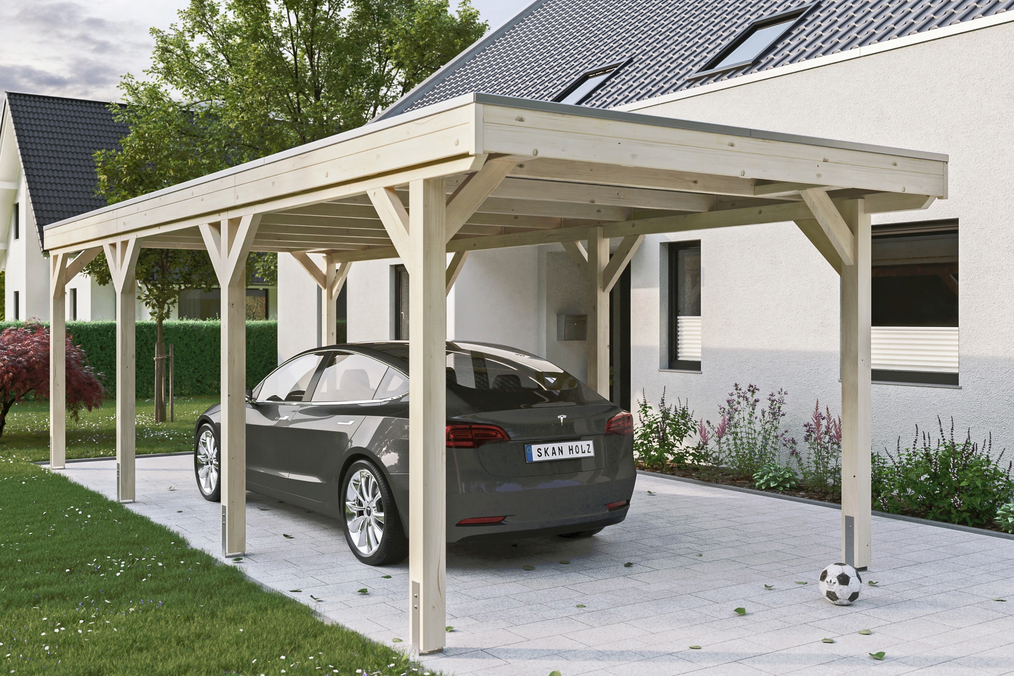 Skanholz Einzelcarport "Grunewald", Leimholz-Nordisches Fichtenholz, natur, mit Aluminiumdach