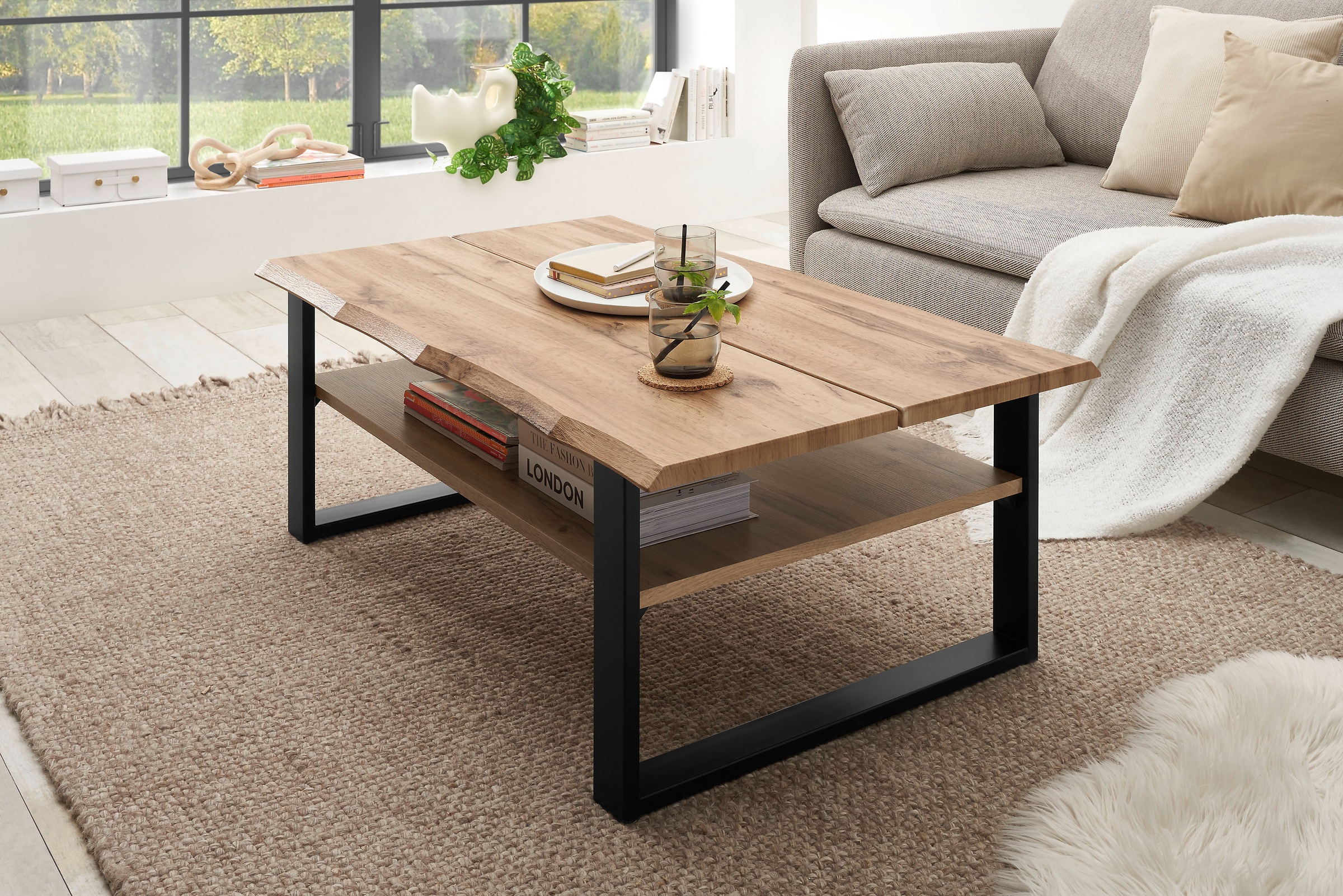 Stolkom Couchtisch »Venice Wohnzimmertisch mit Baumkante, BxHxT 107x40x66 cm«, Baumkantenoptik, Industrial Style, 1 Ablageboden, Wotan Eiche Optik