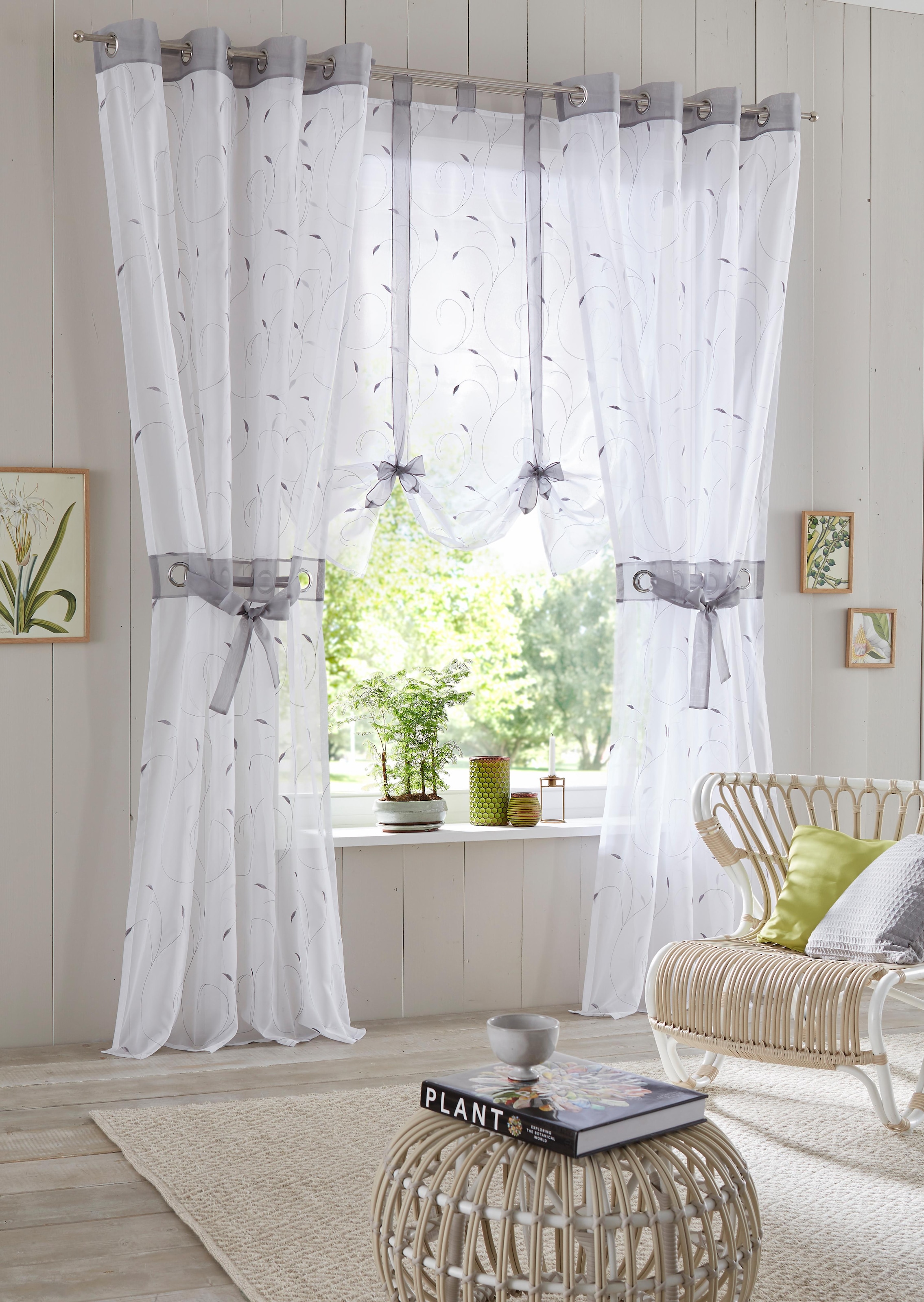 Home affaire Gardine »Jaca«, 200 St., transparent, 200 er Set, bestickt,  Voile, inkl. Raffhalter