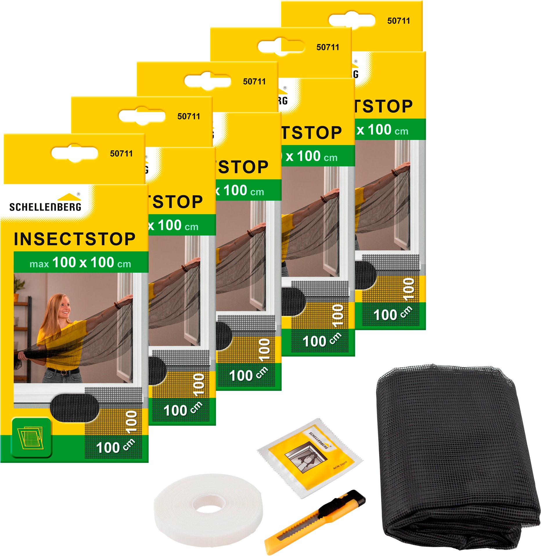 SCHELLENBERG "für Fenster ohne bohren" Set, 5 Stk. tlg. Insektenschutz inkl. Befestigungsband, 100 x 100 cm, weiß, anthrazit