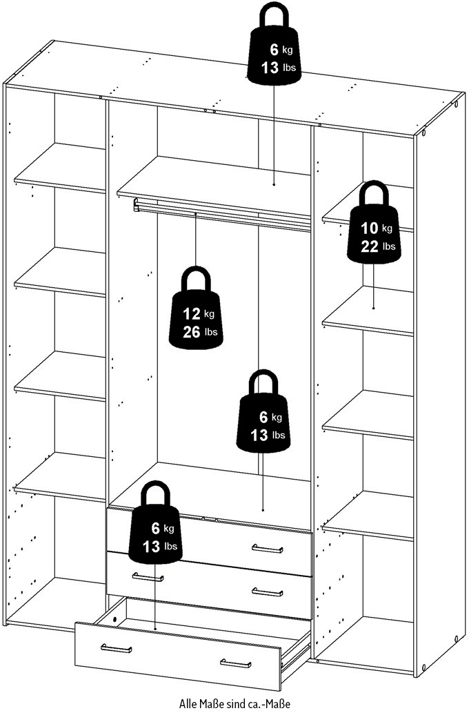 Home affaire Kleiderschrank, Mit viel Stauraum, graue Stangengriffe, Gr. ca. 200,4 x 154 x 49,5 cm