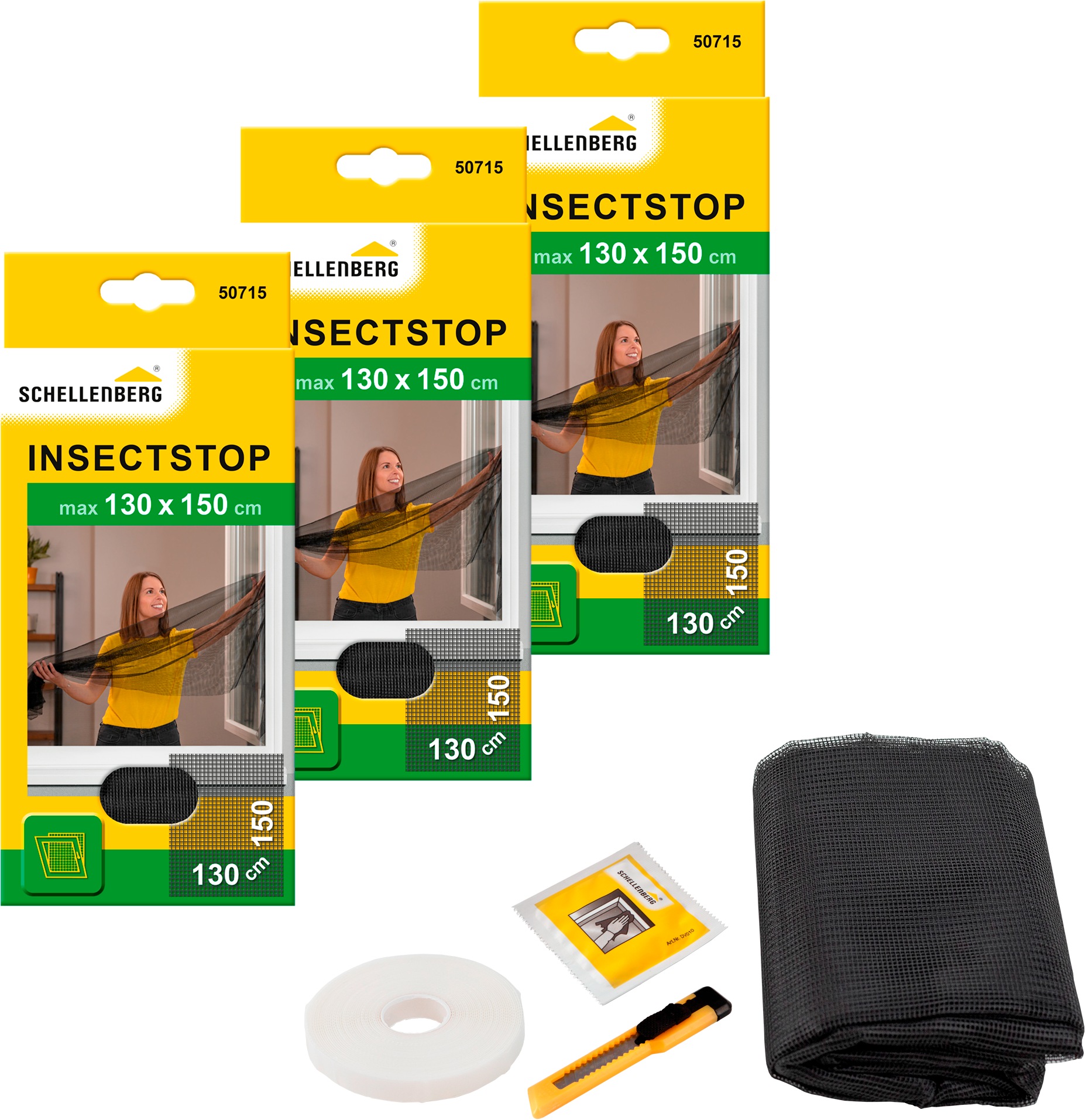 SCHELLENBERG Fliegengitter-Gewebe "für Fenster ohne bohren" Set, 3 Stk. tlg. Insektenschutz inkl. Befestigungsband, 130 x 150 cm, anthrazit, weiß
