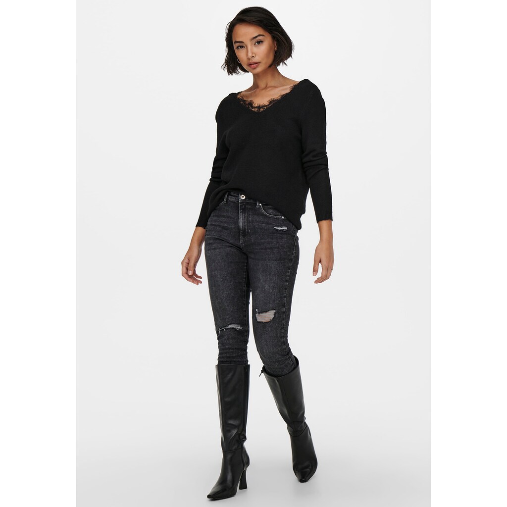 Damenmode Figurtyp-Beratung Only V-Ausschnitt-Pullover »ONLJULIE L/S LACE V-NECK PULL KNT«, in melierter Optik schwarz Damenmode Figurtyp-Beratung Only V-Ausschnitt-Pullover »ONLJULIE L/S LACE V-NECK PULL KNT«, in melierter Optik schwarz