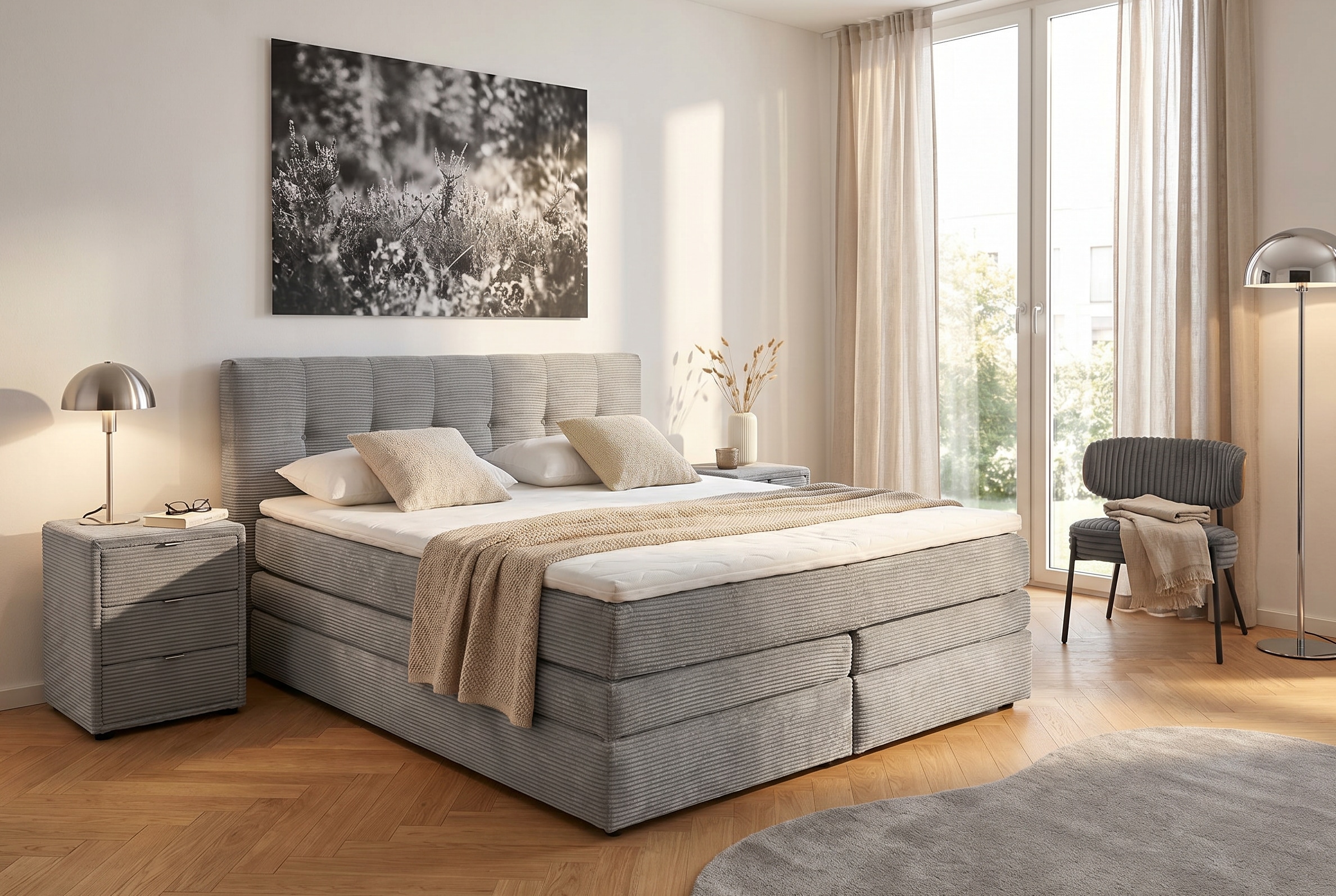 Jockenhöfer Gruppe Boxspringbett "AMY mit Bettkasten, inkl. Bonnell- oder Taschenfederkernmatratze H2-H4" mit 6 cm Kaltschaum-Topper, Cord-Bezug, 180x200 und 200x200 cm