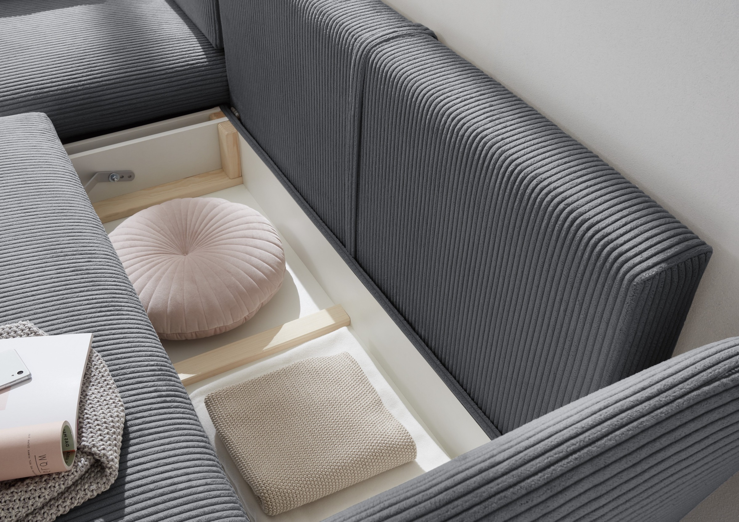 andas Ecksofa »MERLE, 258 cm, L-Form, traumhafter Cord,«, mit Bettfunktion und Bettkasten, Liegefläche 224 x 139