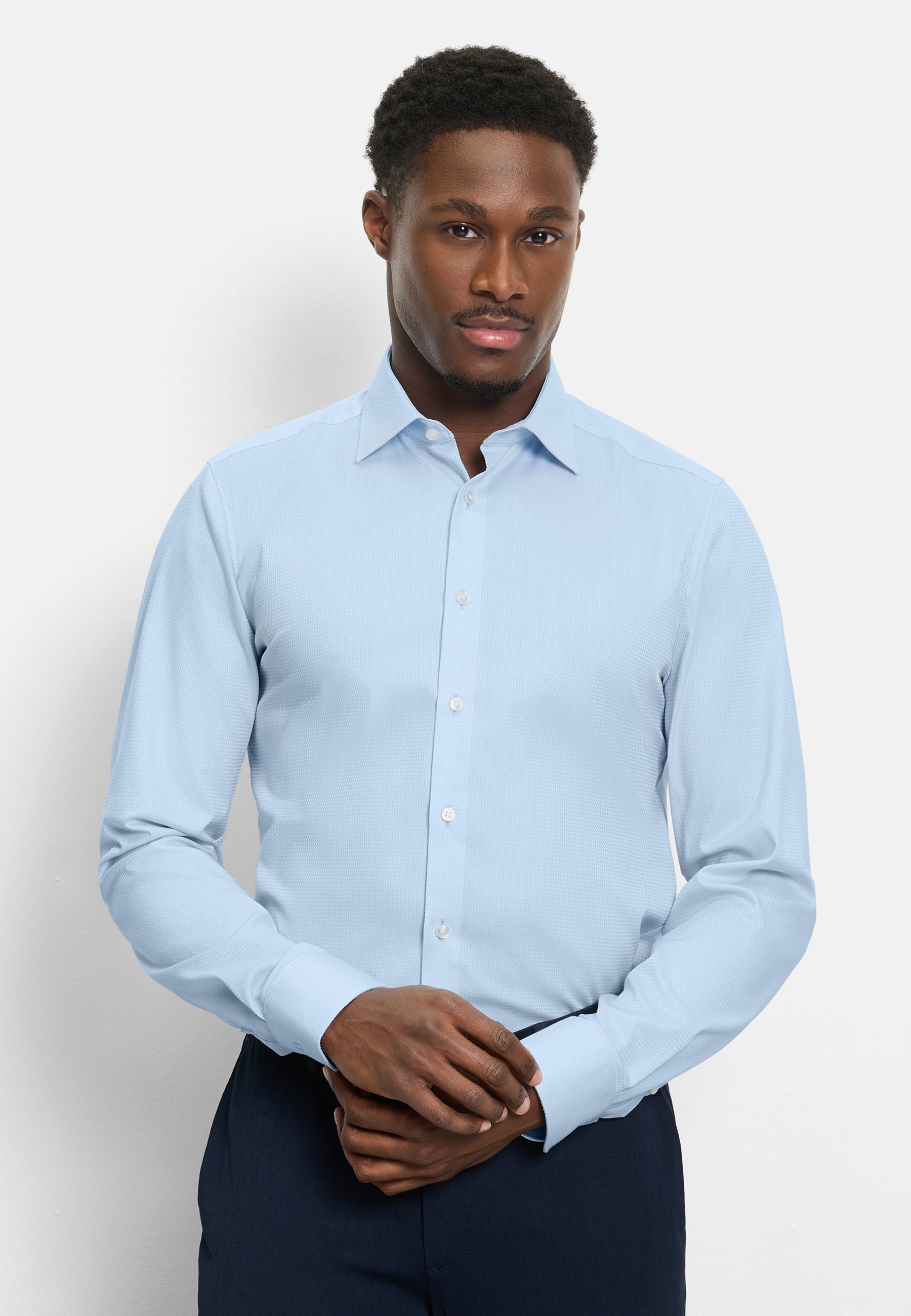 Langarmhemd OLYMP "Level Five", Herren, Gr. 44, N-Gr, bleu, Web, Obermaterial: 97% Baumwolle, 3% Elastolefin, normal, 2-Knopf-Manschette, Hemden, Under-Button-down-Kragen, Businesshemd, body fit, fein strukturiert