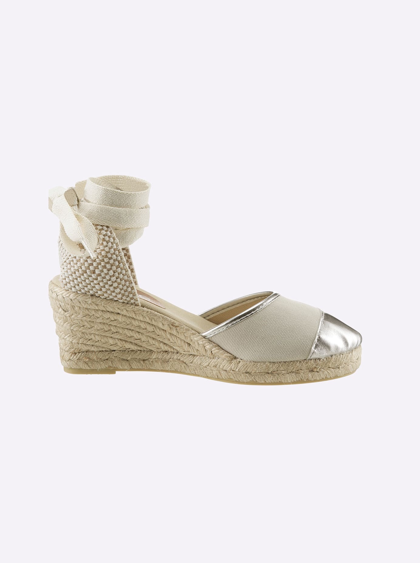 Keilsandalette HEINE, Damen, Gr. 39, beige (beige, silberfarben), Textil, Schuhe 2